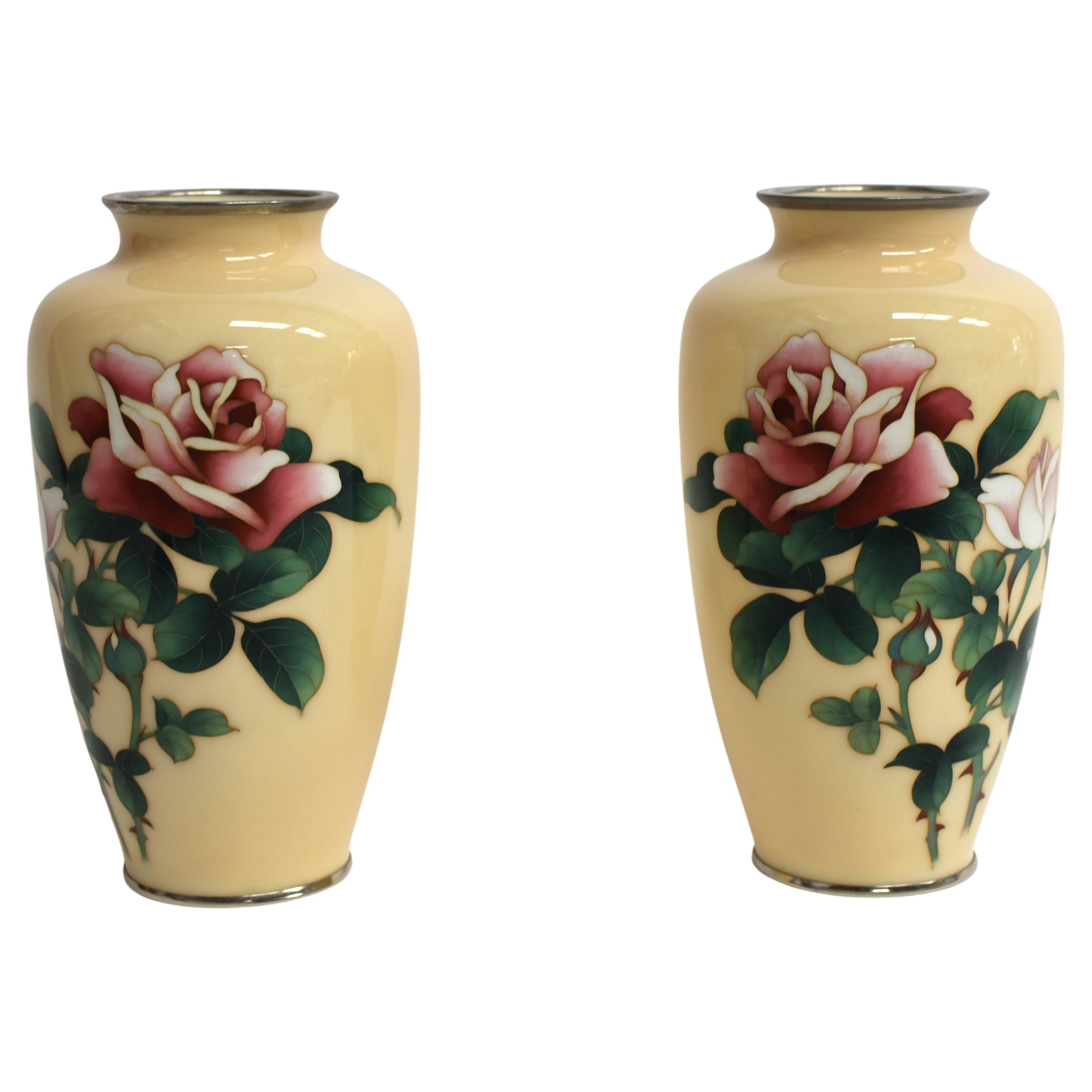 Pair Ando Jubei Signed Wireless Cloisonné Vases with Roses For Sale