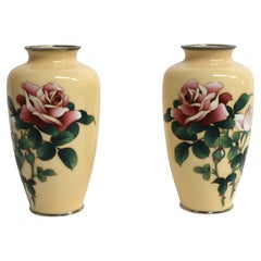 Pair Ando Jubei Signed Wireless Cloisonné Vases with Roses