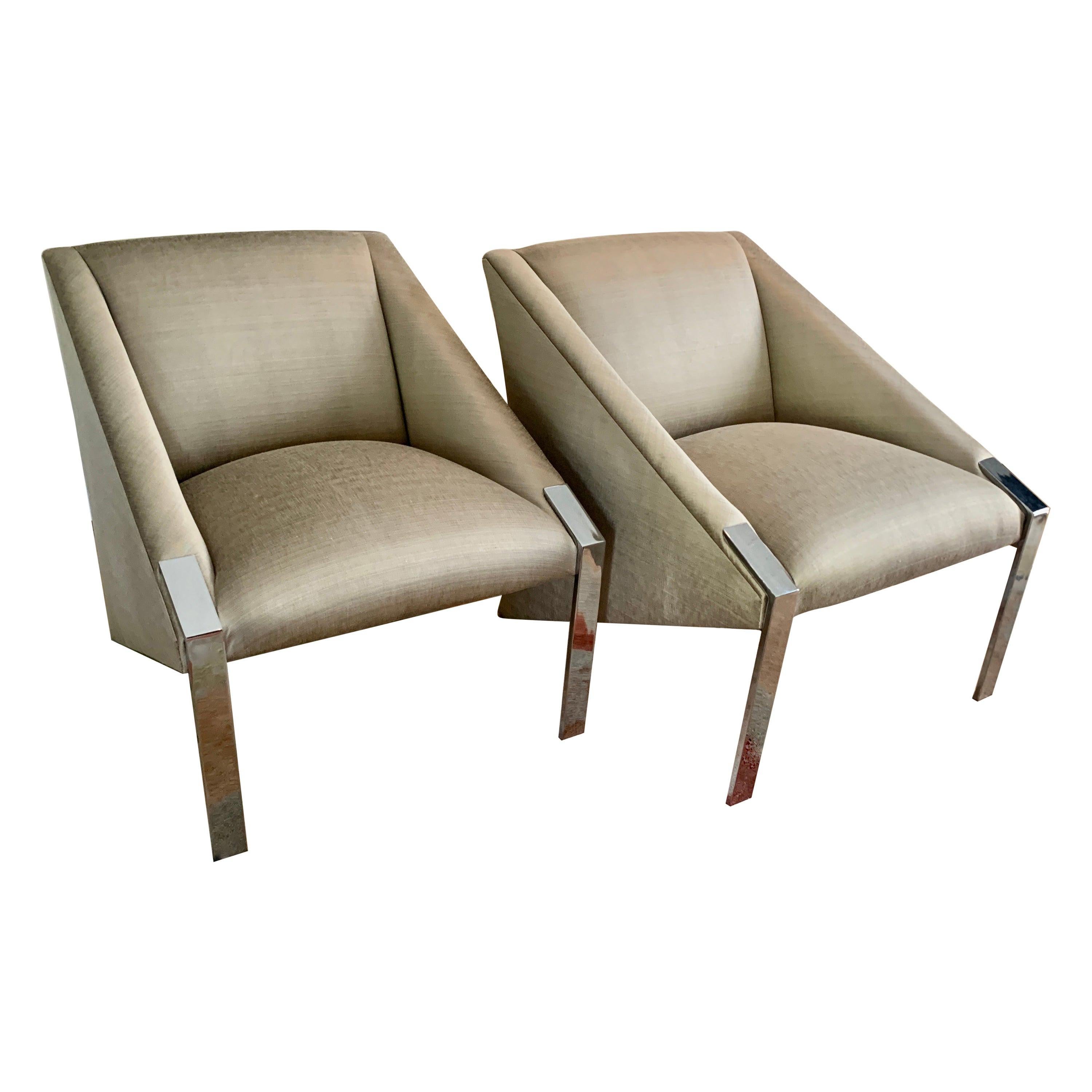 Pair Andree Putman Chrome Modern Lounge Side Chairs in Silk Upholstery