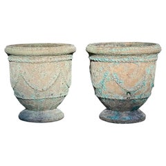 Pair Anduze Form Planters, Glazed Terracotta, Festoon Relief, Late 20th Century