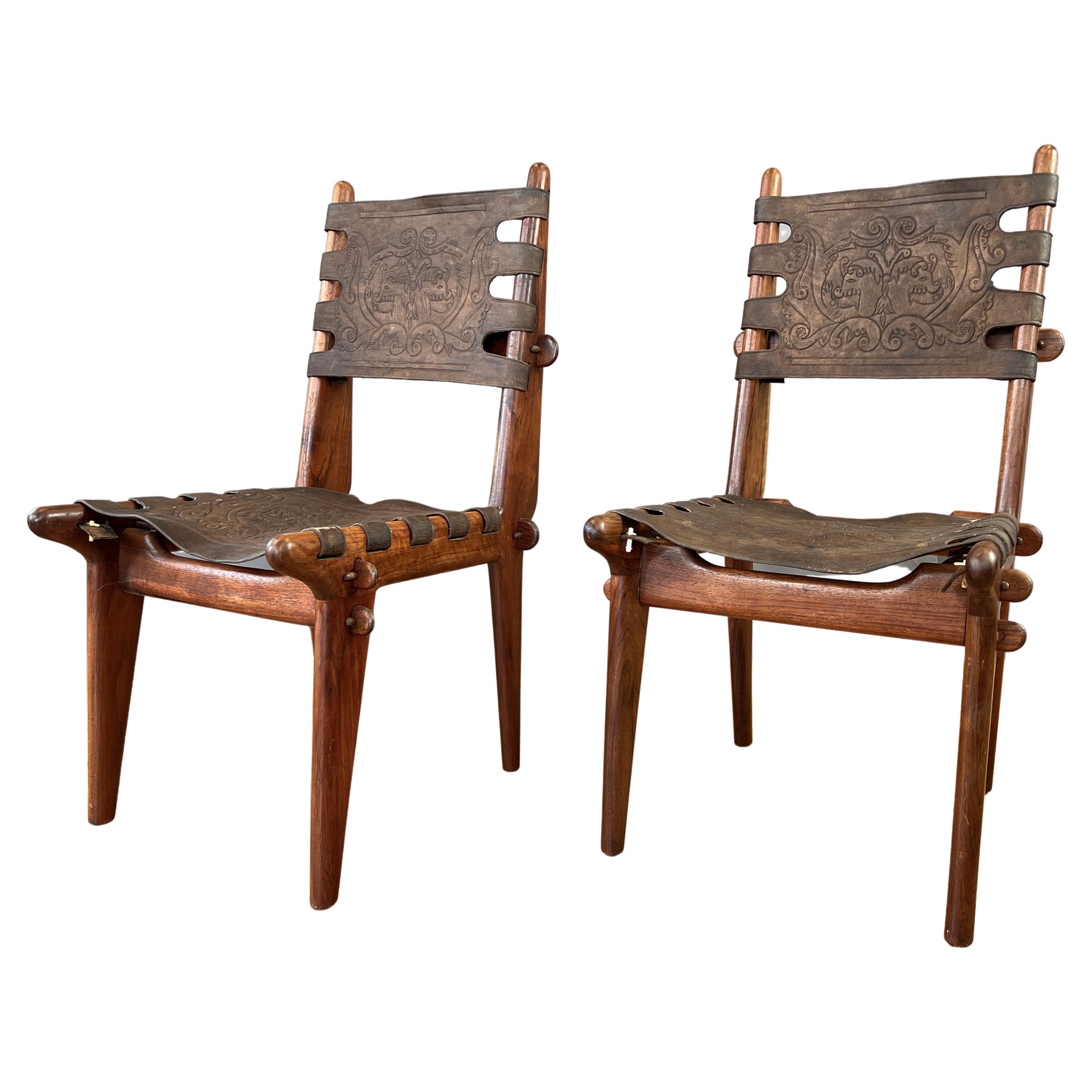 Pair Angel Pazmińo Teak and Leather Chairs for Muebles De Estilo