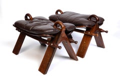Pair Anglo-Indian Camel Leather Saddle Stools Ottomans M. Hayat & Bros. C.1965