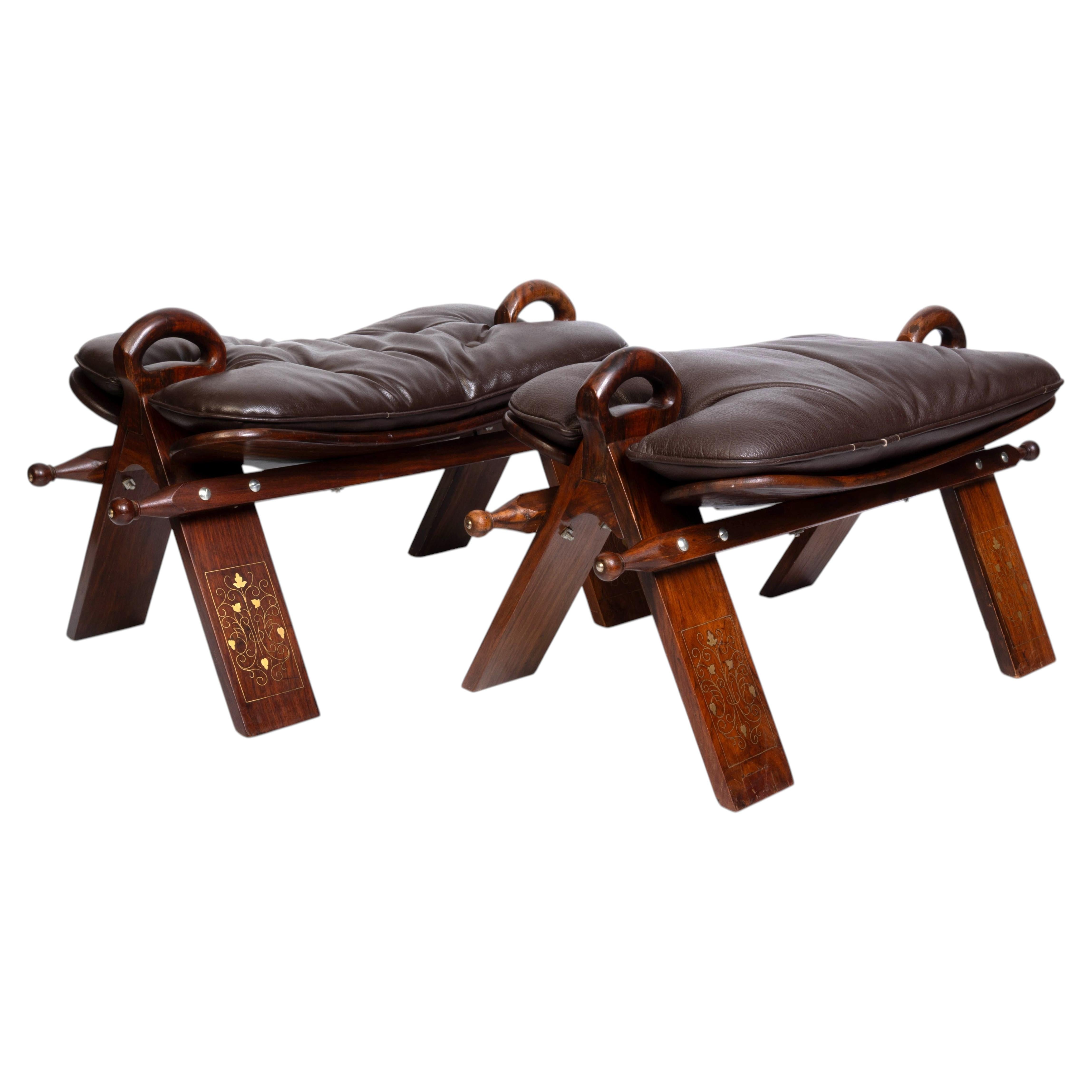 Pair Anglo-Indian Camel Leather Saddle Stools Ottomans M. Hayat & Bros. C.1965