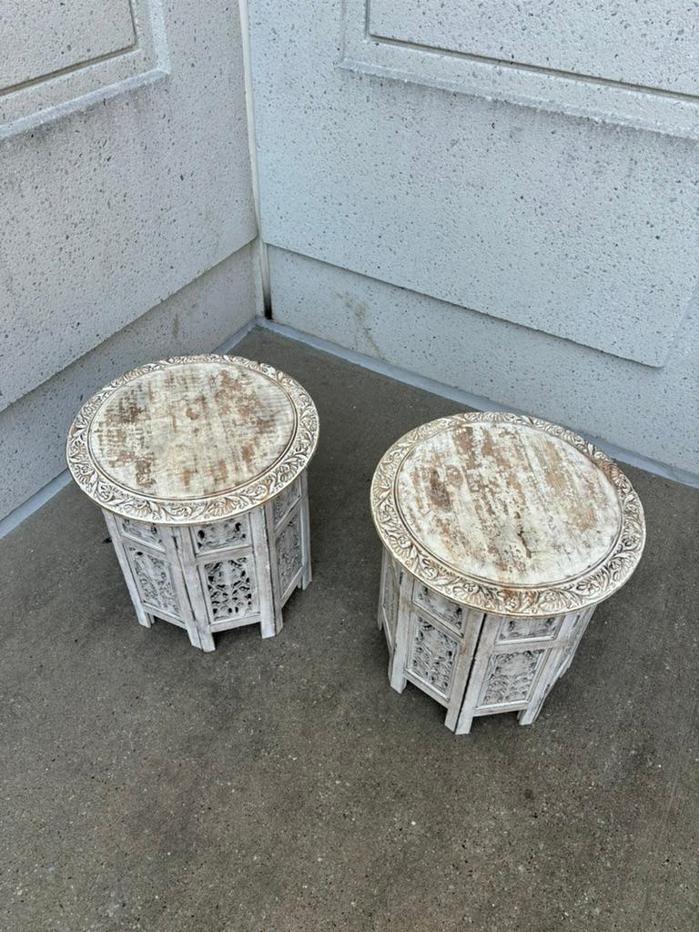 Pair Anglo Indian Carved and Painted Round Side Tables Pair Anglo Indian Carved and Painted Round Side Tables