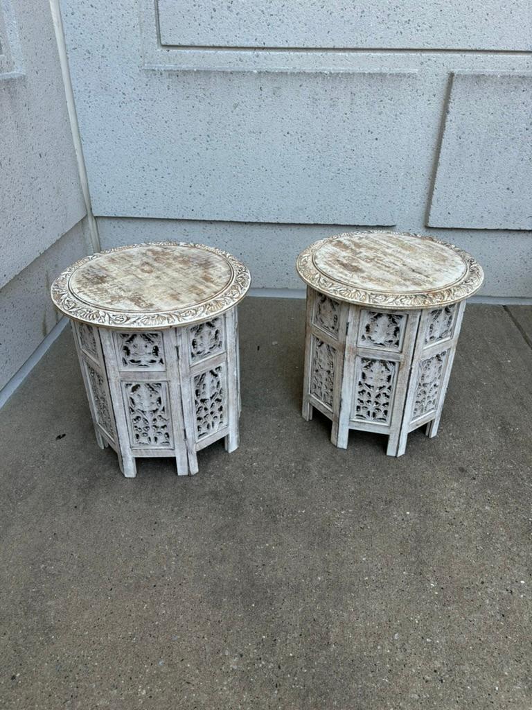 Pair Anglo Indian Carved and Painted Round Side Tables Pair Anglo Indian Carved and Painted Round Side Tables