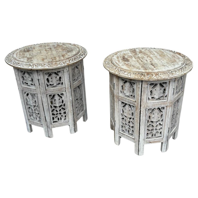 Pair Anglo Indian Carved and Painted Round Side Tables Pair Anglo Indian Carved and Painted Round Side Tables