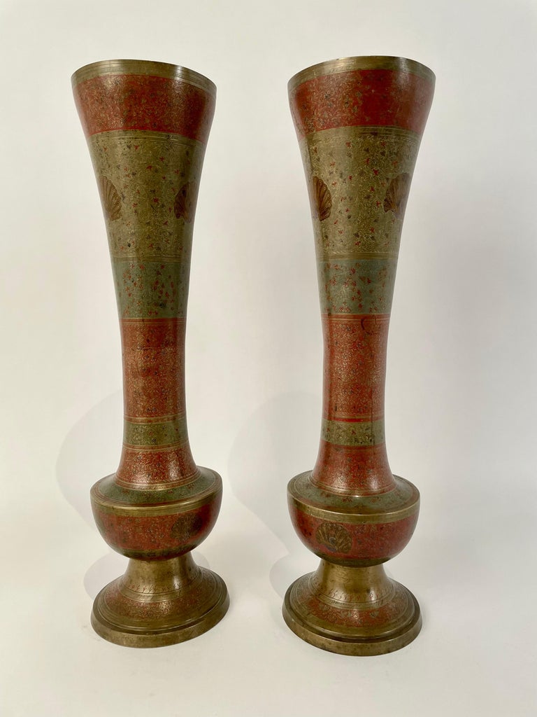 Pair Anglo Indian Etched Colored Brass Vases with Peacocks Pair Anglo Indian Etched Colored Brass Vases with Peacocks