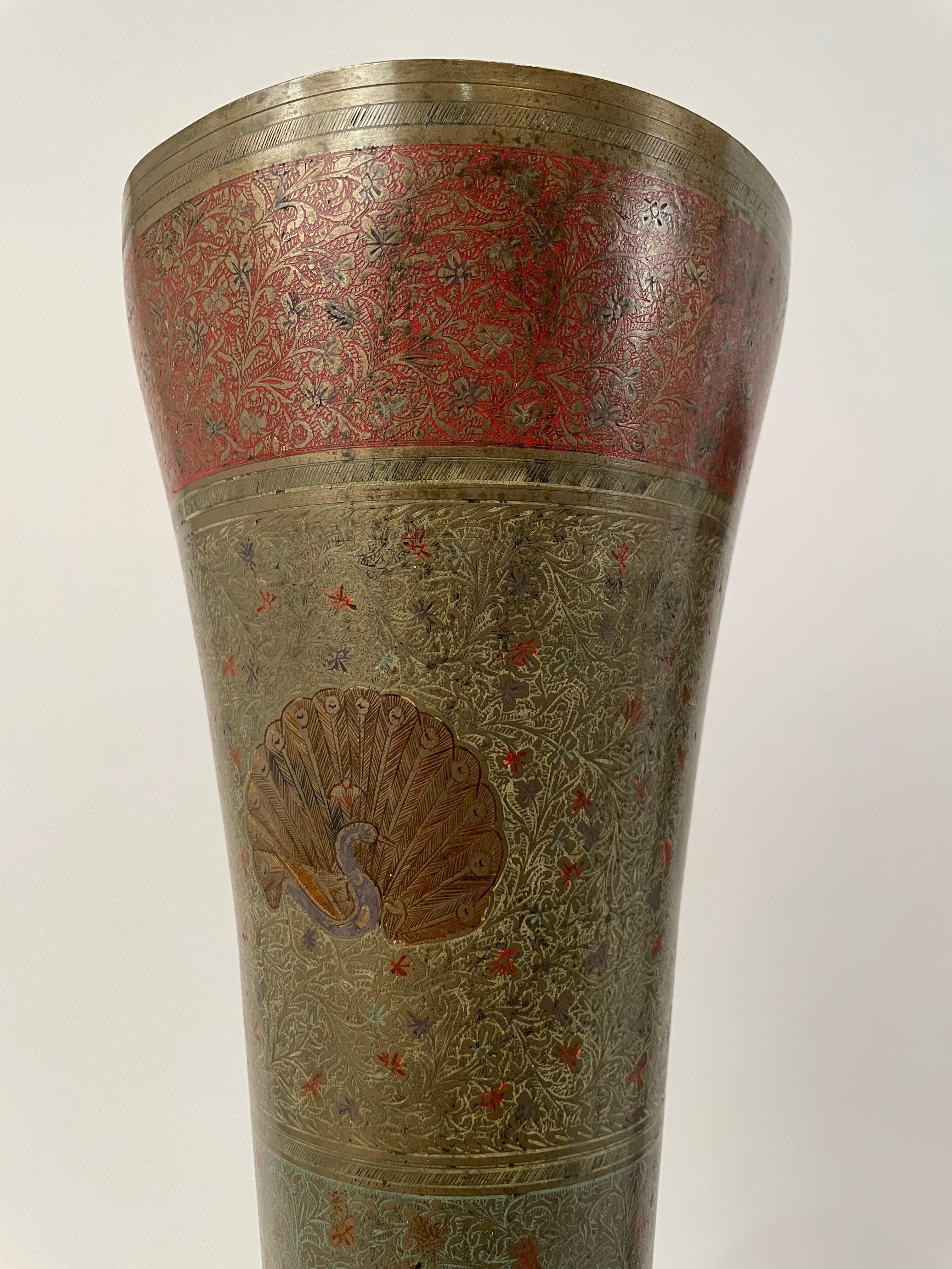 Pair Anglo Indian Etched Colored Brass Vases with Peacocks, Large Scale In Good Condition For Sale In Stamford, CT