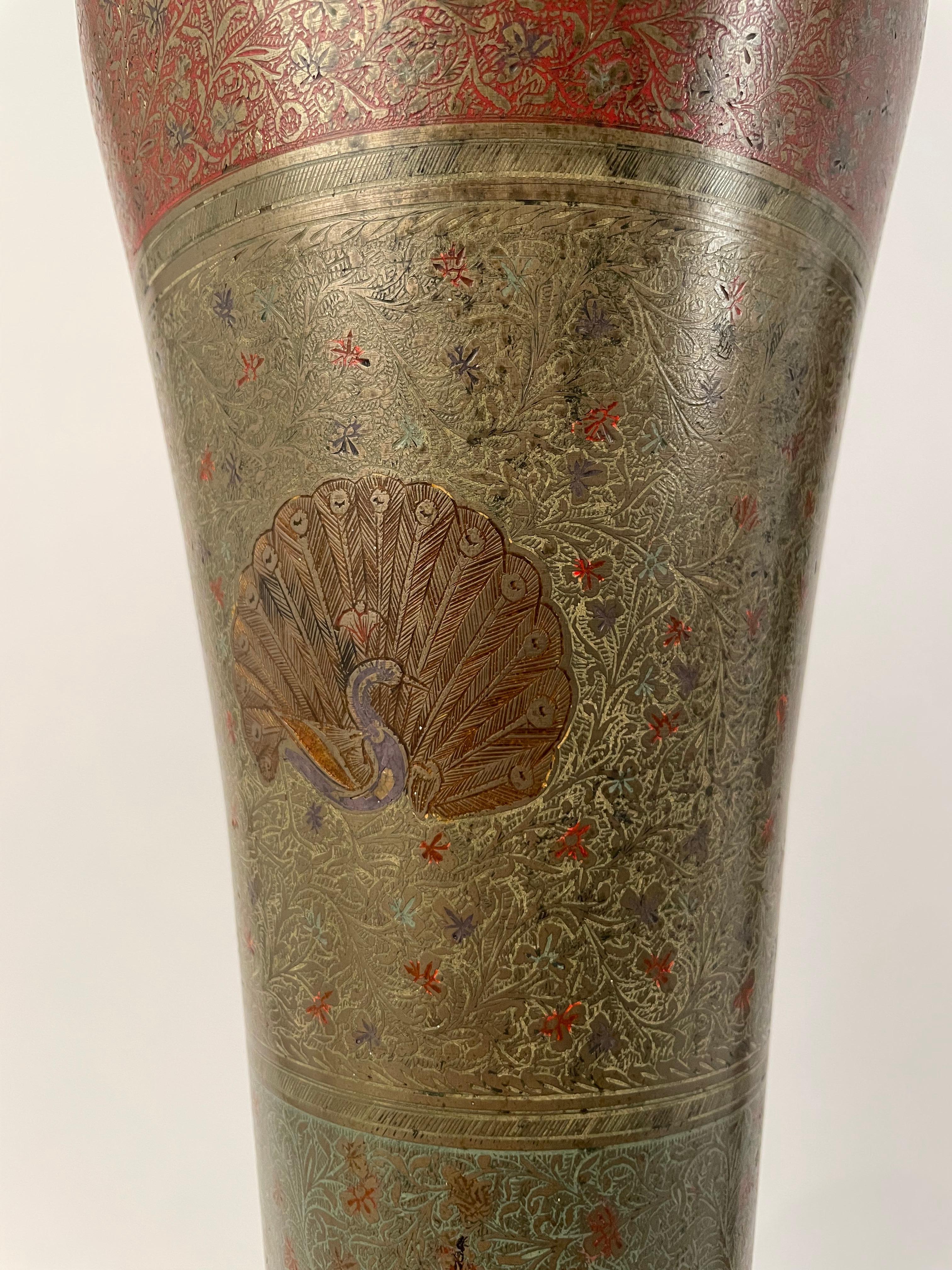 19th Century Pair Anglo Indian Etched Colored Brass Vases with Peacocks, Large Scale For Sale