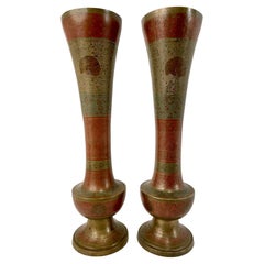 Pair Anglo Indian Etched Colored Brass Vases with Peacocks, Large Scale