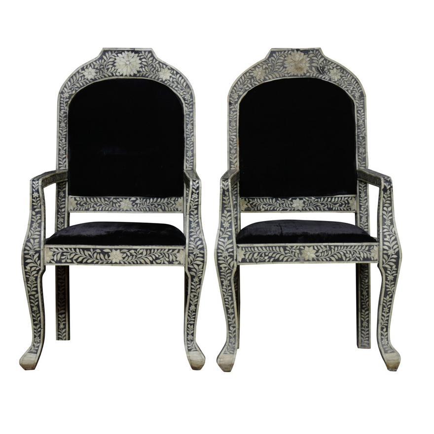 Antique Pair of Late 19th Century Anglo - Indian Bone Inlaid armchairs, each having all over floral inlay and marquetry with geometric reserves, padded velvet seat and back, and rising on cabriole legs,