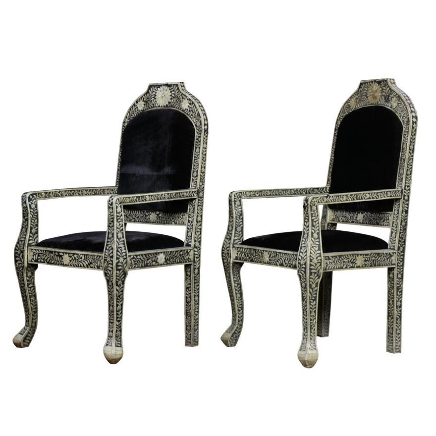 Anglo-Indian Pair Antique Anglo Indian Levantine Style Inlaid Bone Arm Chairs  Circa 1890 For Sale