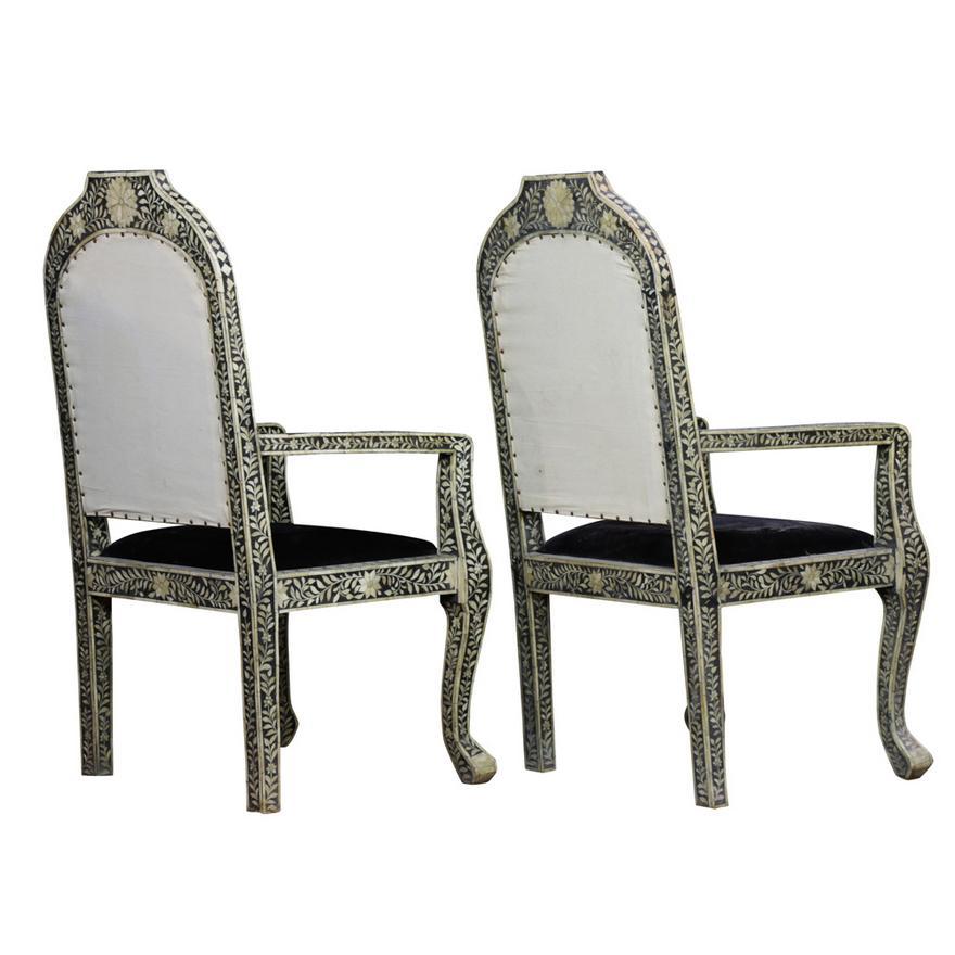 Hand-Carved Pair Antique Anglo Indian Levantine Style Inlaid Bone Arm Chairs  Circa 1890 For Sale