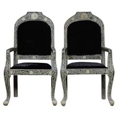 Pair Antique Anglo Indian Levantine Style Inlaid Bone Arm Chairs  Circa 1890