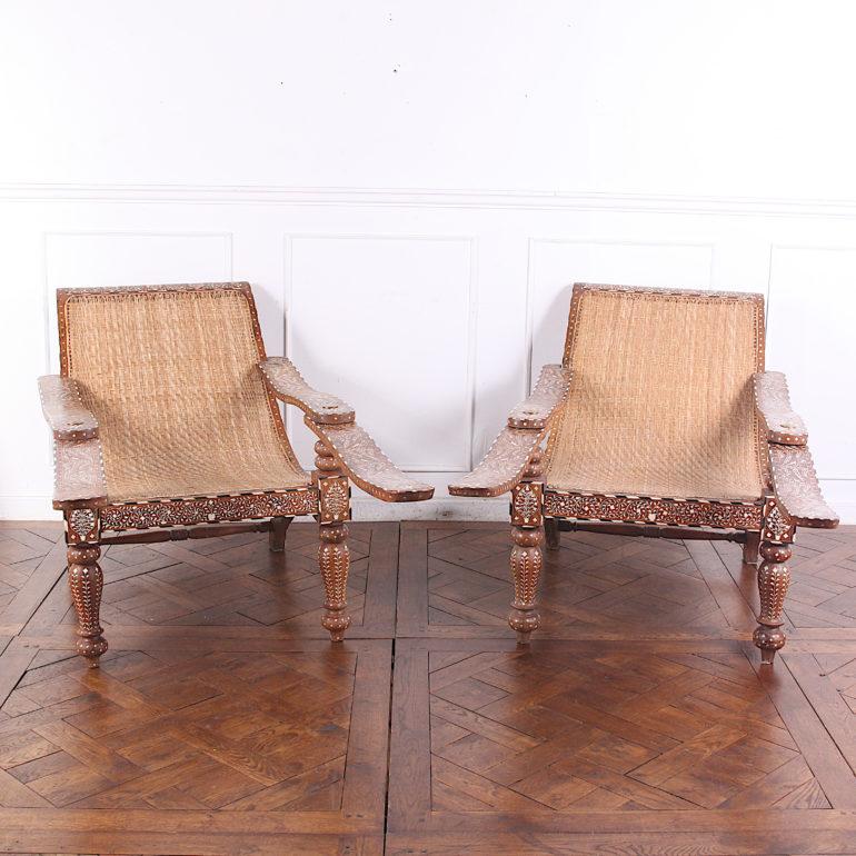 Inlay Pair of Anglo-Indian Inlaid Teak Plantation Chairs