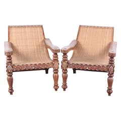 Antique Pair of Anglo-Indian Inlaid Teak Plantation Chairs