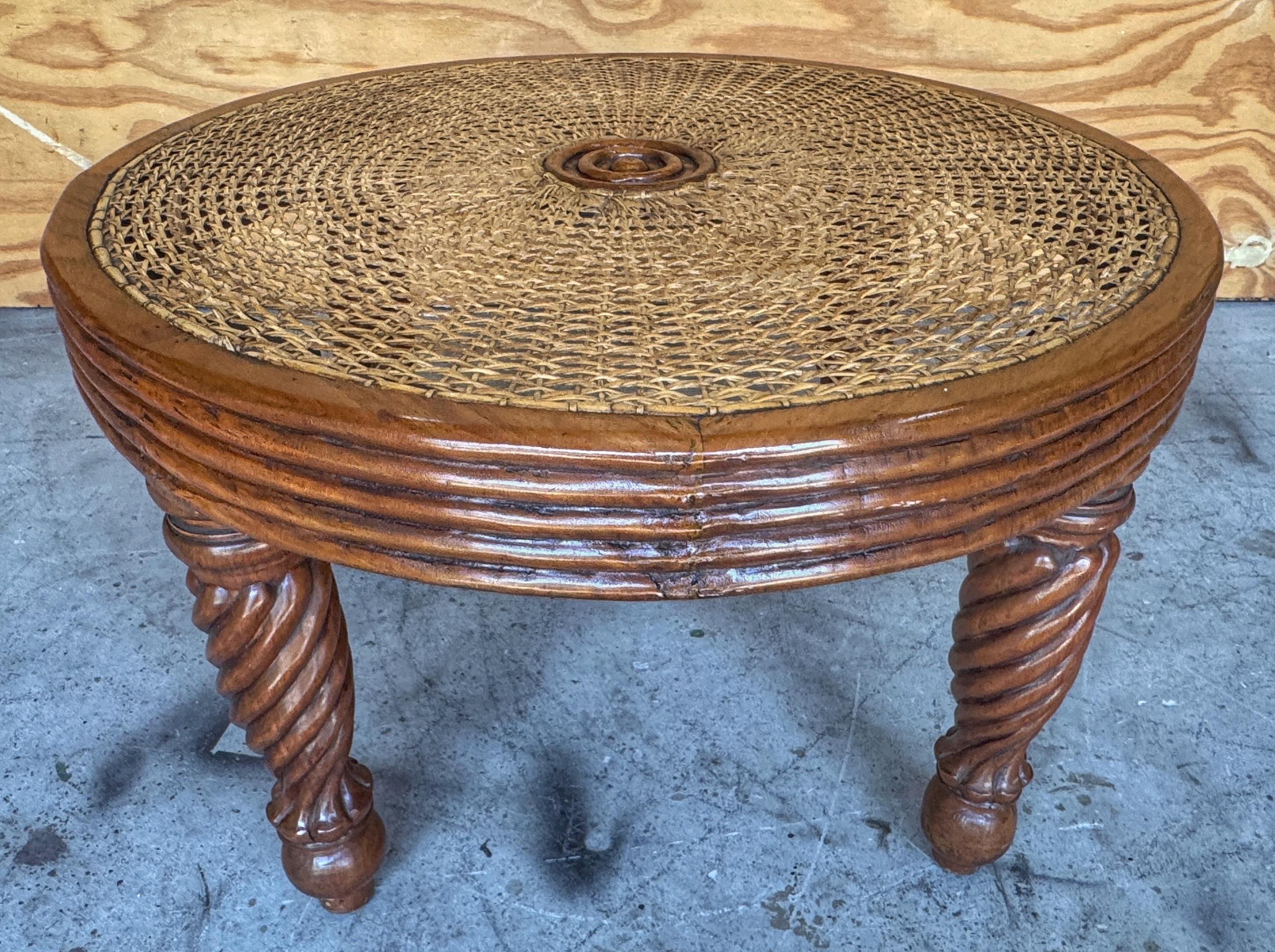 Pair Anglo-Indian / Tradewinds-Style Carved Hardwood & Cane Low Tables / Benches For Sale 5