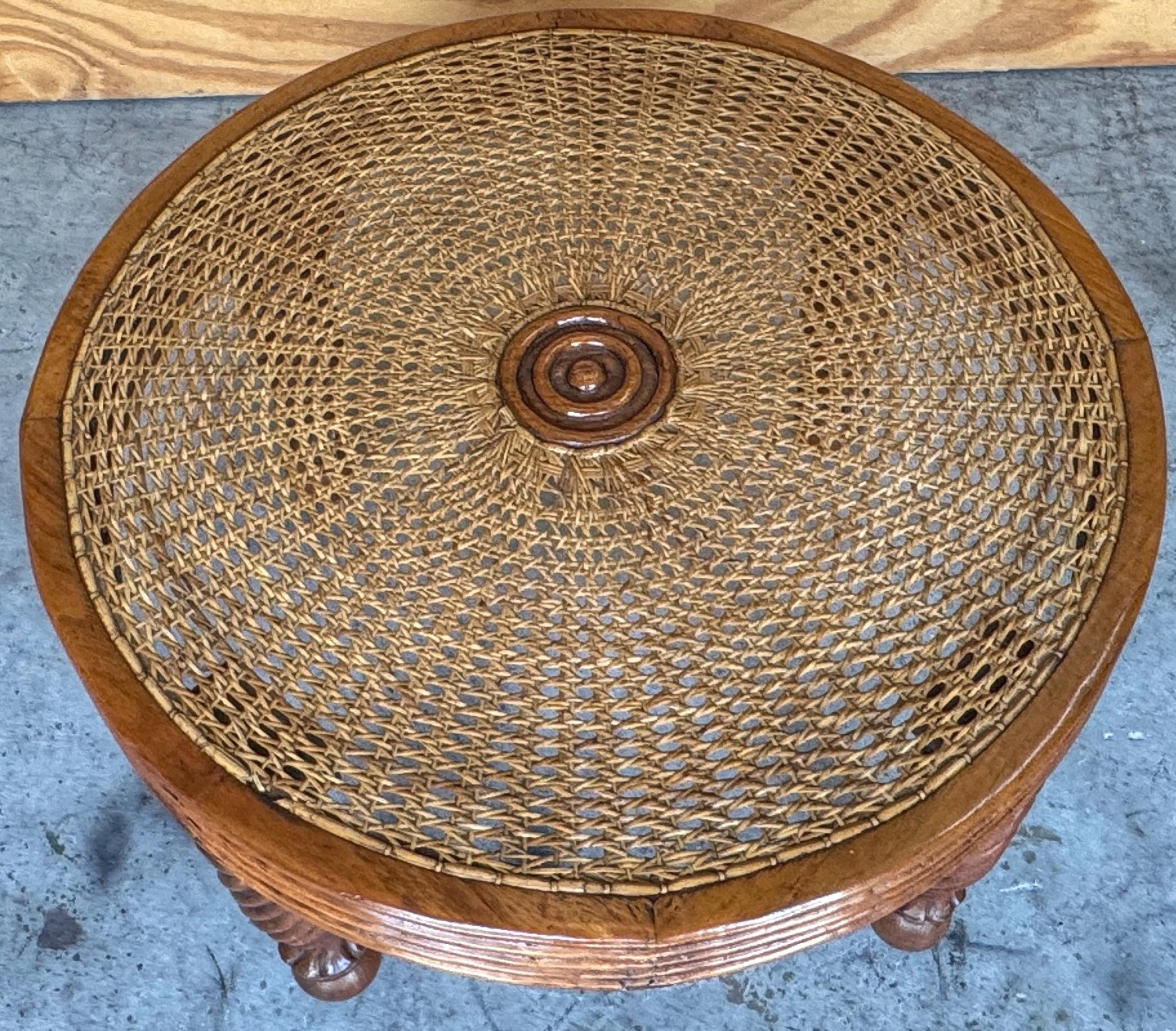Pair Anglo-Indian / Tradewinds-Style Carved Hardwood & Cane Low Tables / Benches For Sale 6