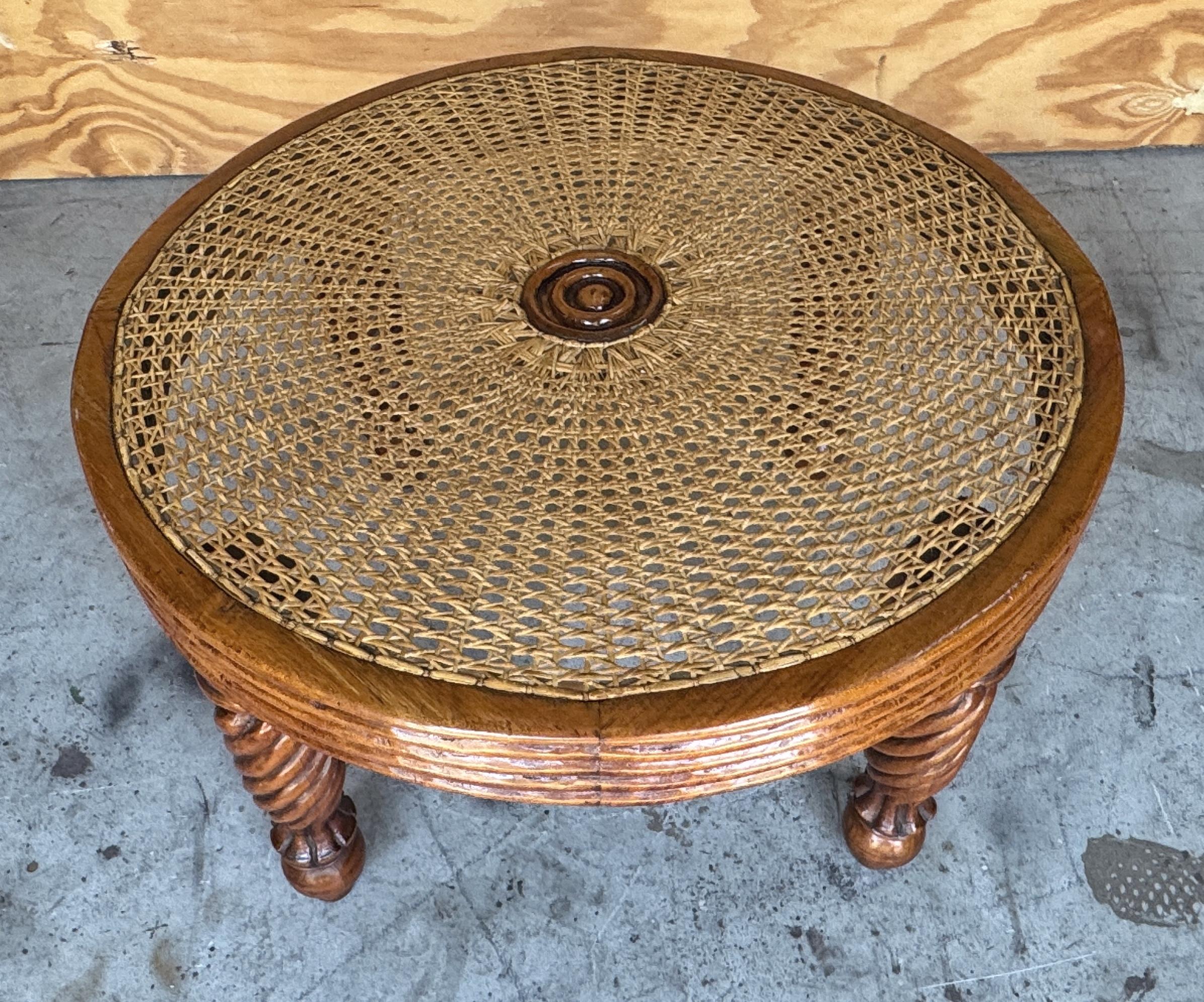 Pair Anglo-Indian / Tradewinds-Style Carved Hardwood & Cane Low Tables / Benches For Sale 7