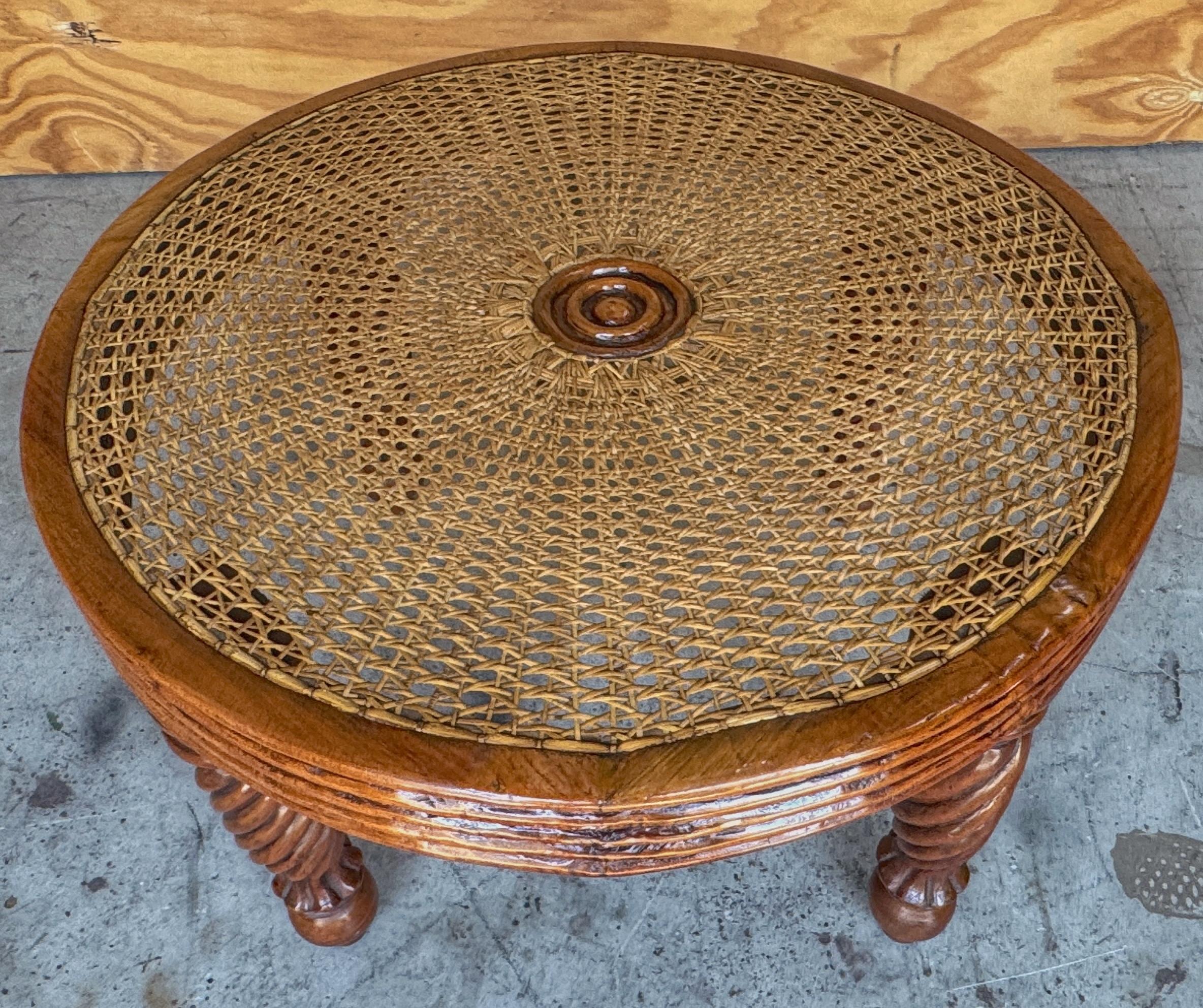 Pair Anglo-Indian / Tradewinds-Style Carved Hardwood & Cane Low Tables / Benches For Sale 8