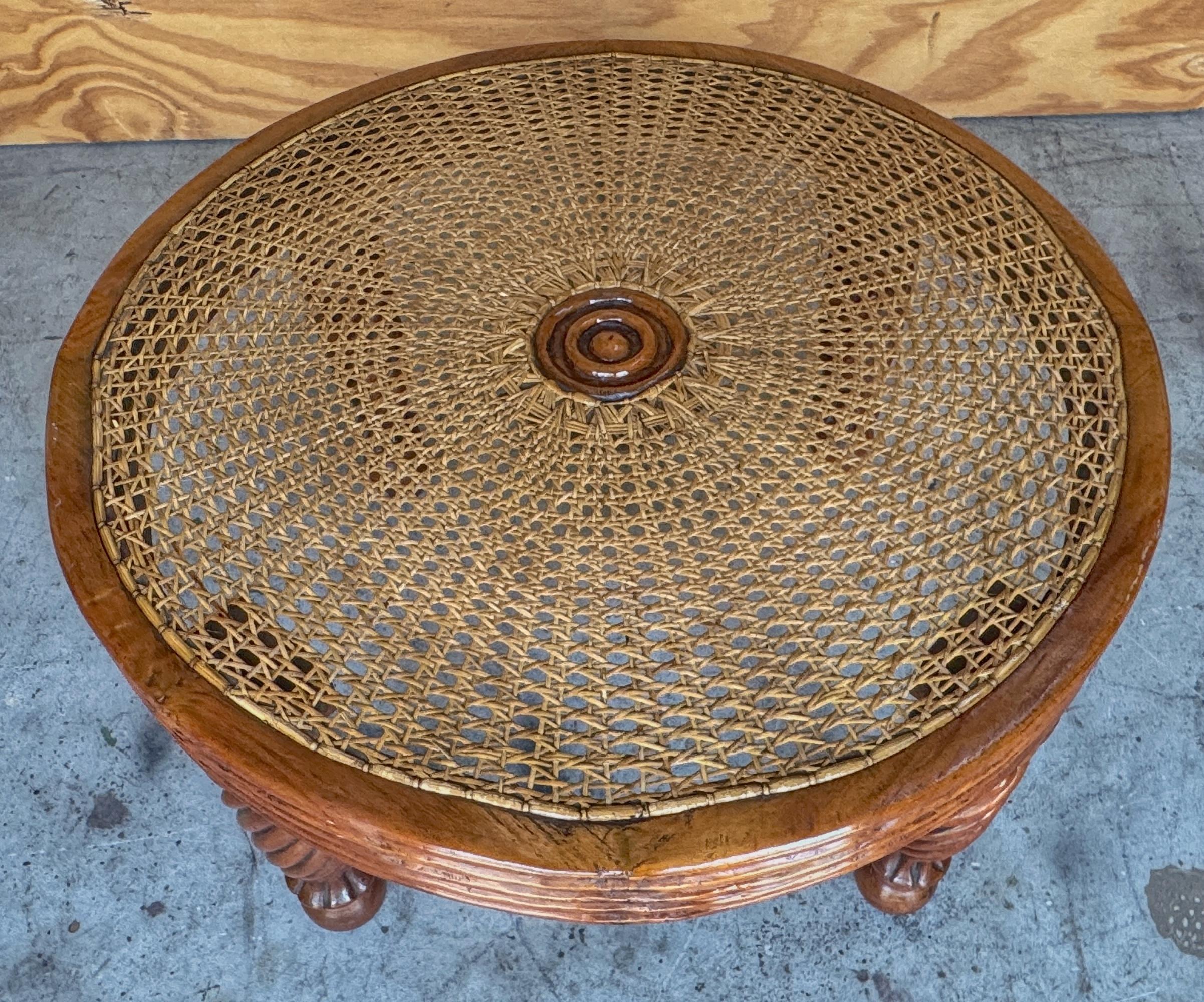 Pair Anglo-Indian / Tradewinds-Style Carved Hardwood & Cane Low Tables / Benches For Sale 9