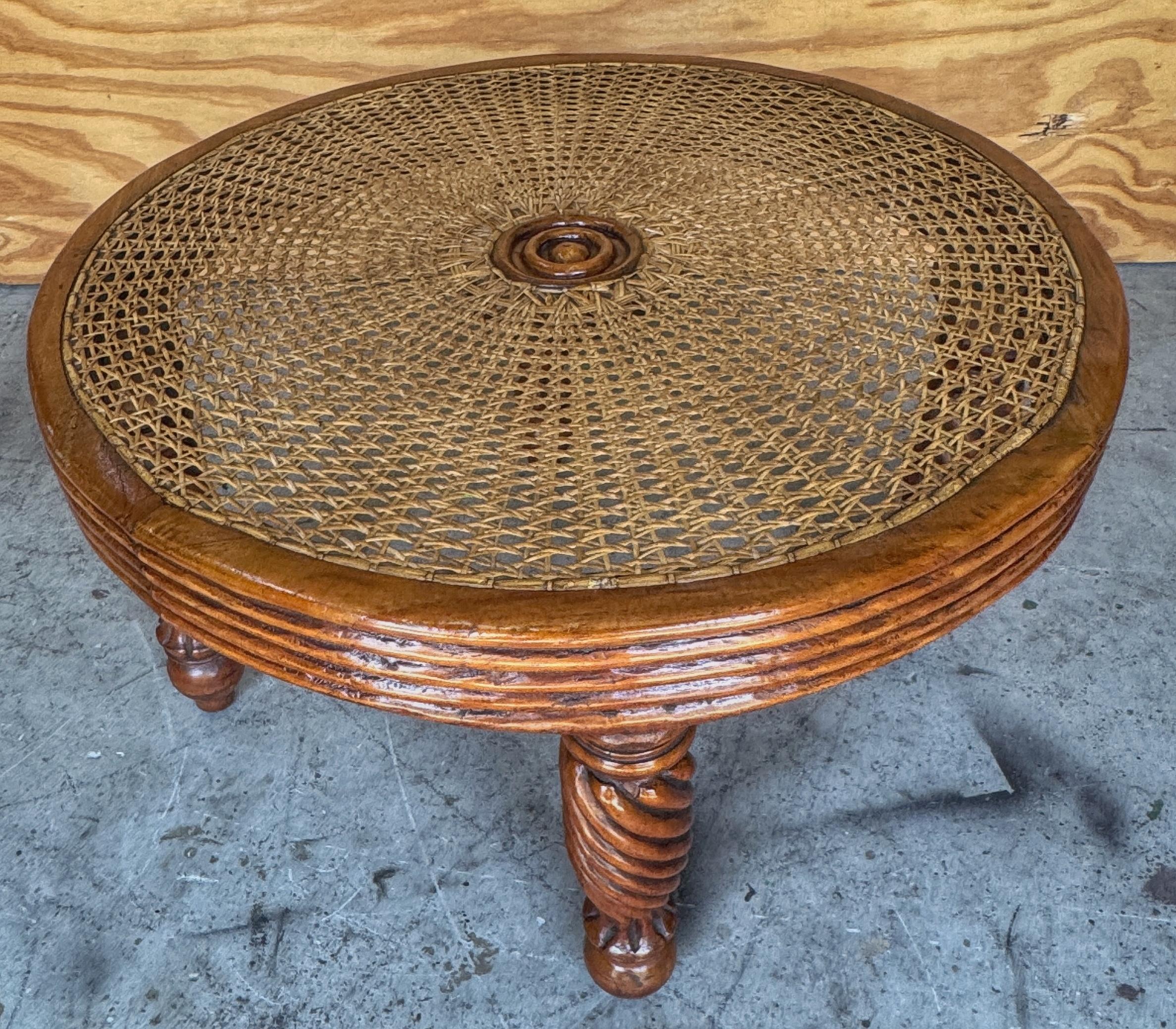 Pair Anglo-Indian / Tradewinds-Style Carved Hardwood & Cane Low Tables / Benches For Sale 10