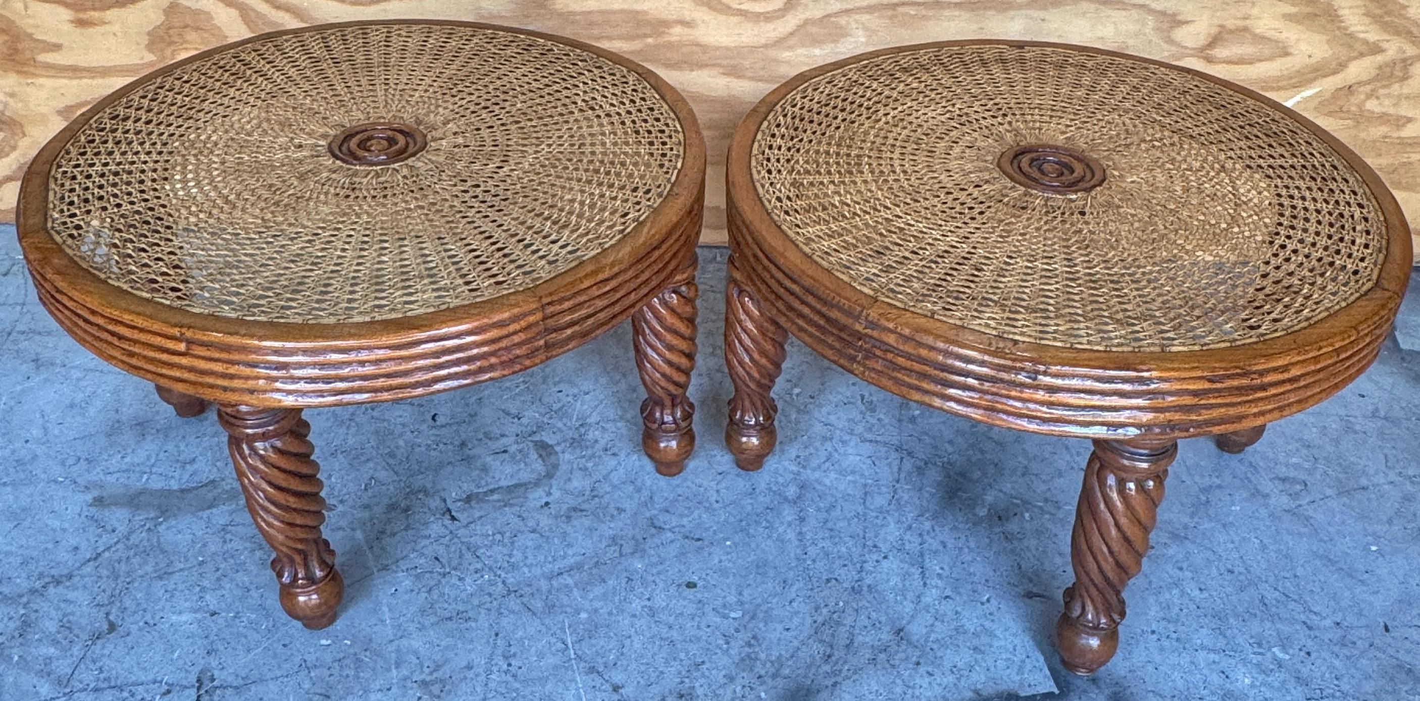 Hand-Carved Pair Anglo-Indian / Tradewinds-Style Carved Hardwood & Cane Low Tables / Benches For Sale