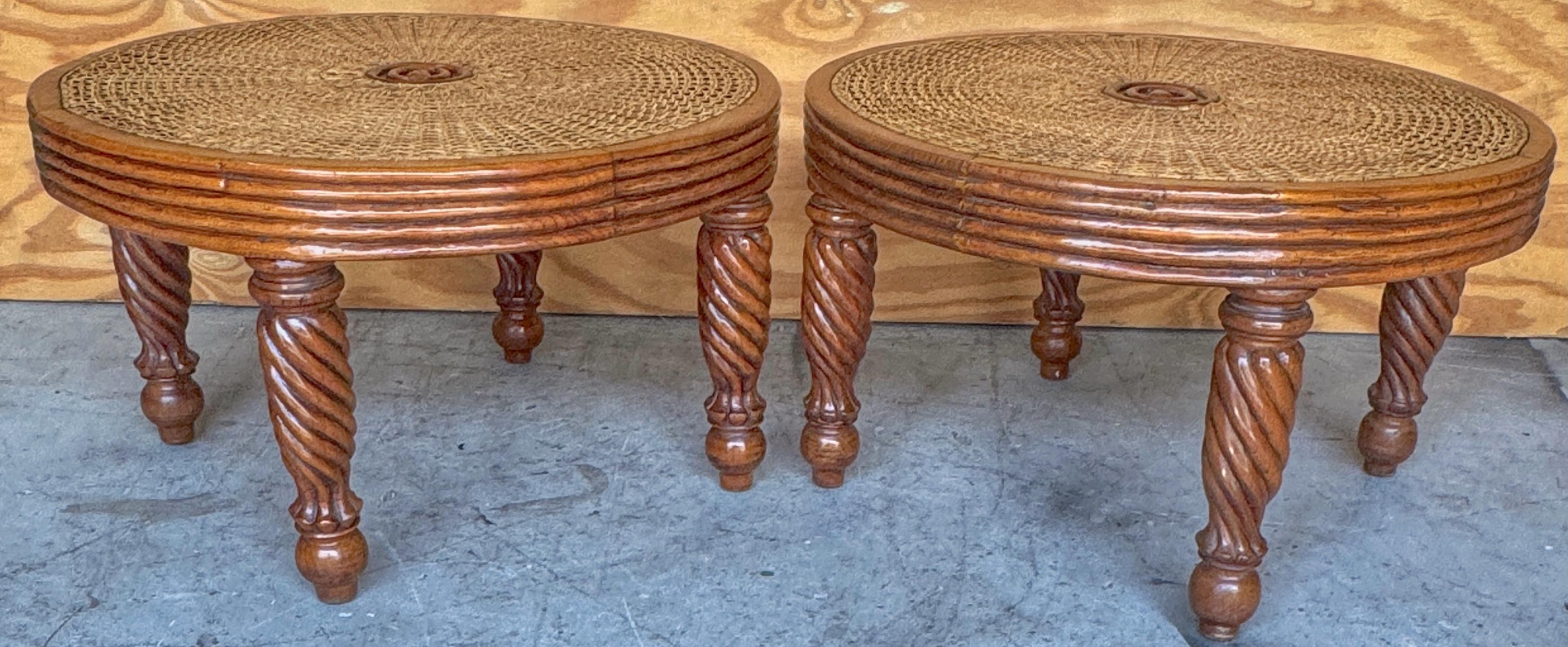 Pair Anglo-Indian / Tradewinds-Style Carved Hardwood & Cane Low Tables / Benches In Good Condition For Sale In West Palm Beach, FL