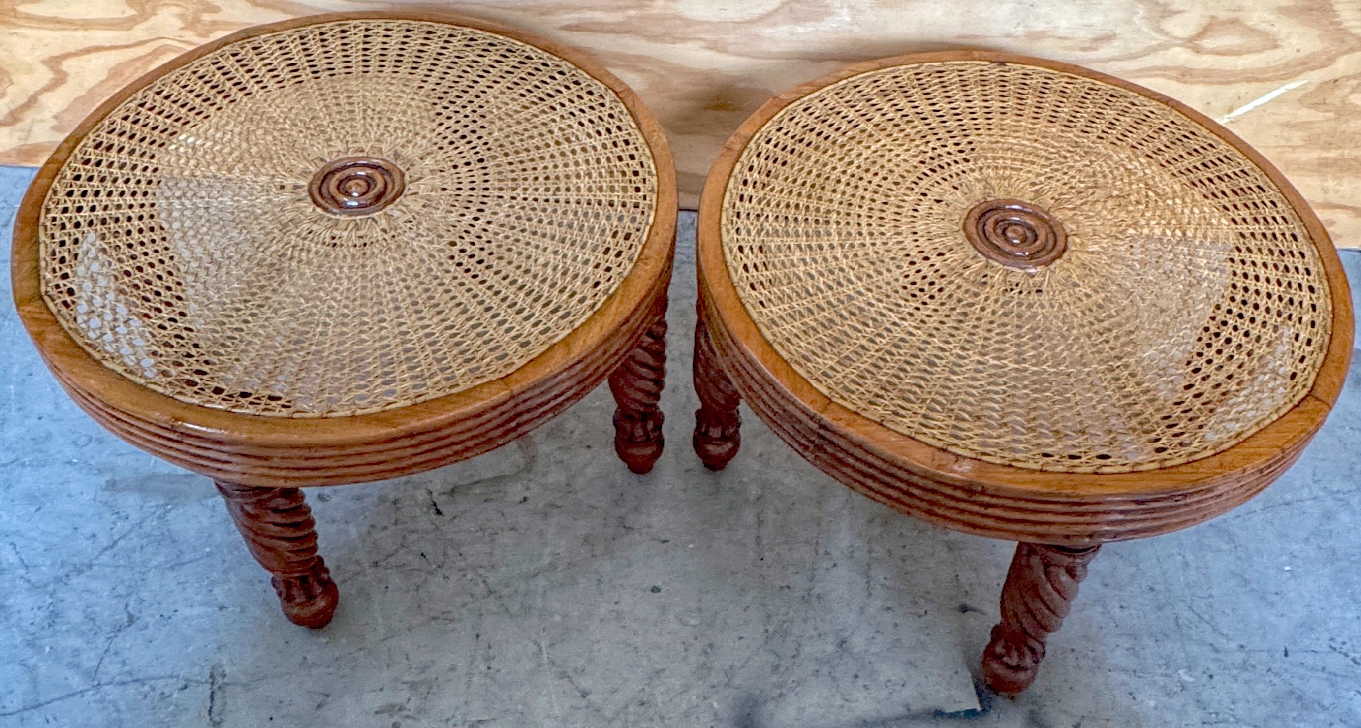 20th Century Pair Anglo-Indian / Tradewinds-Style Carved Hardwood & Cane Low Tables / Benches For Sale