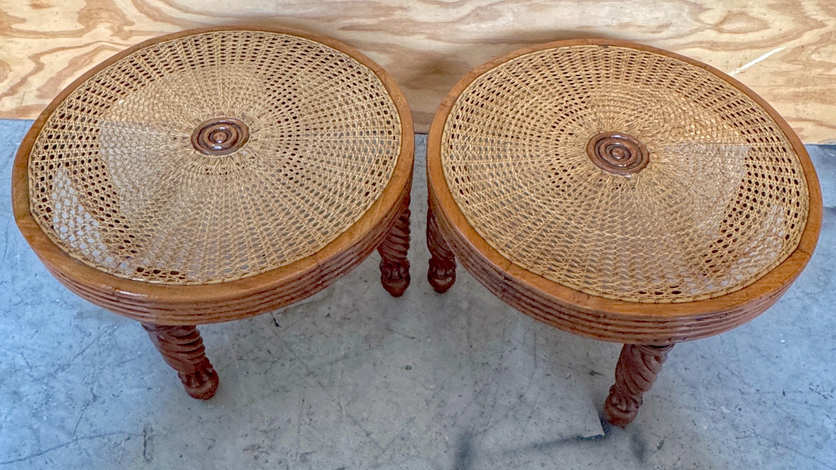 Pair Anglo-Indian / Tradewinds-Style Carved Hardwood & Cane Low Tables / Benches For Sale 1