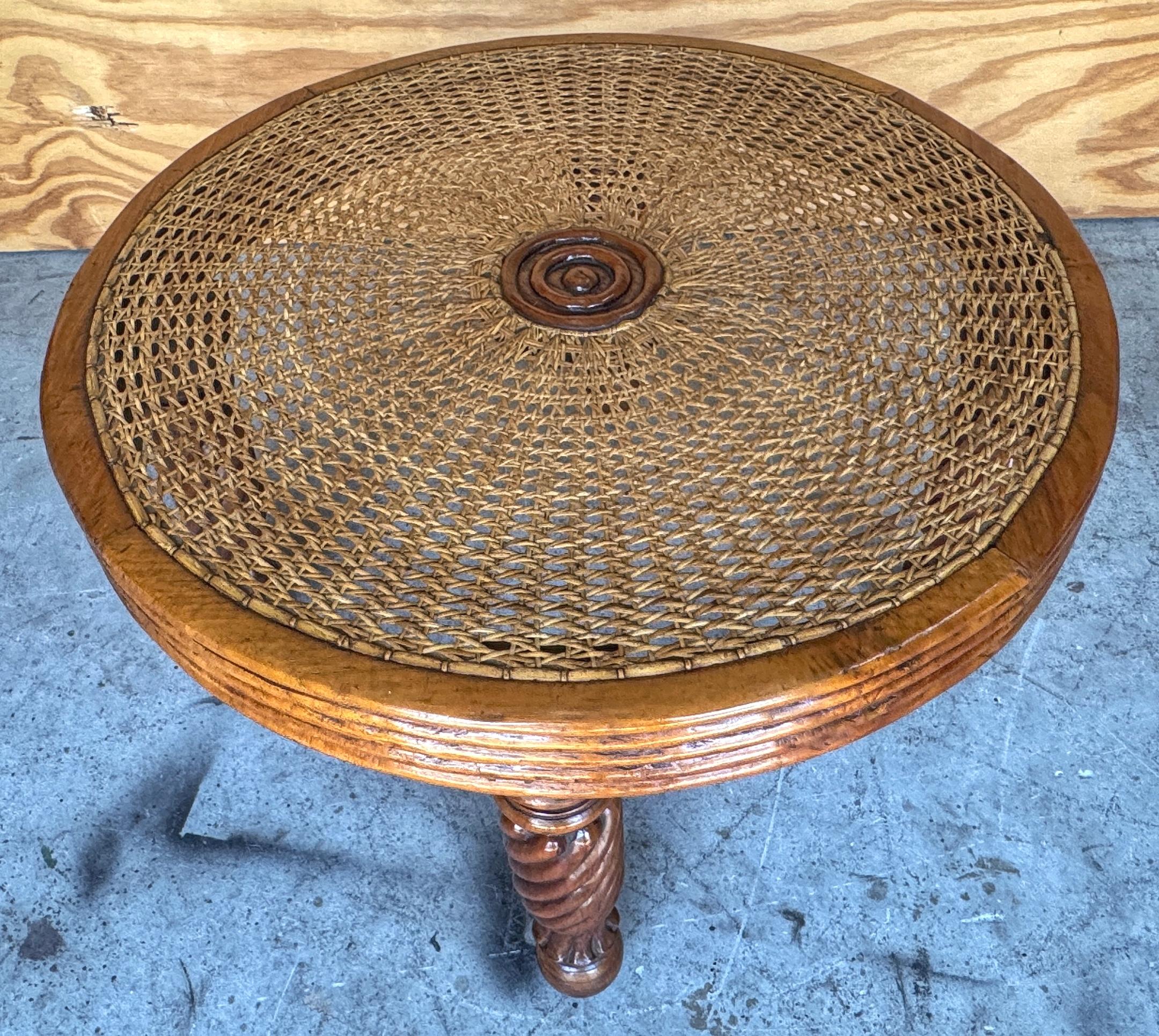 Pair Anglo-Indian / Tradewinds-Style Carved Hardwood & Cane Low Tables / Benches For Sale 2