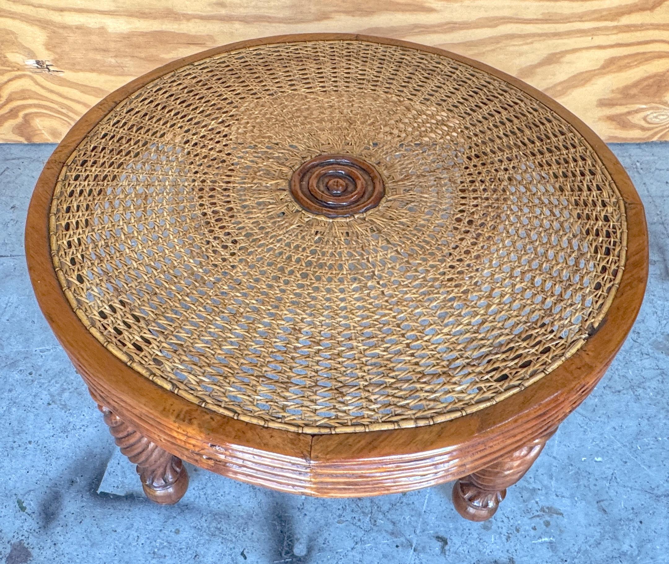 Pair Anglo-Indian / Tradewinds-Style Carved Hardwood & Cane Low Tables / Benches For Sale 3