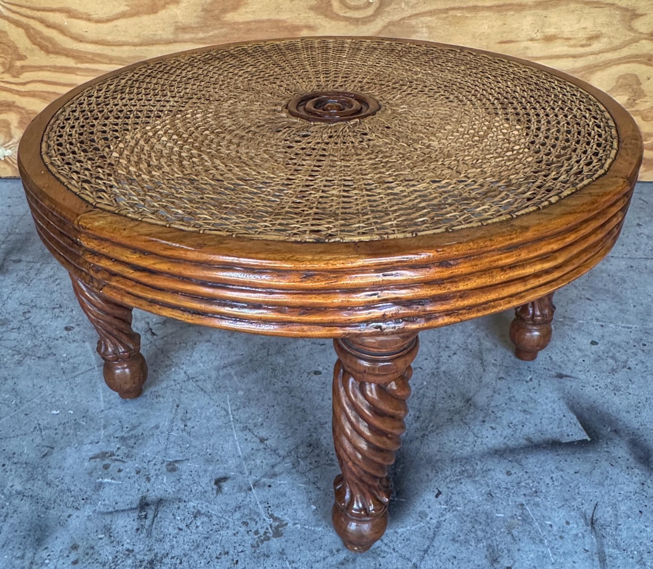 Pair Anglo-Indian / Tradewinds-Style Carved Hardwood & Cane Low Tables / Benches For Sale 4
