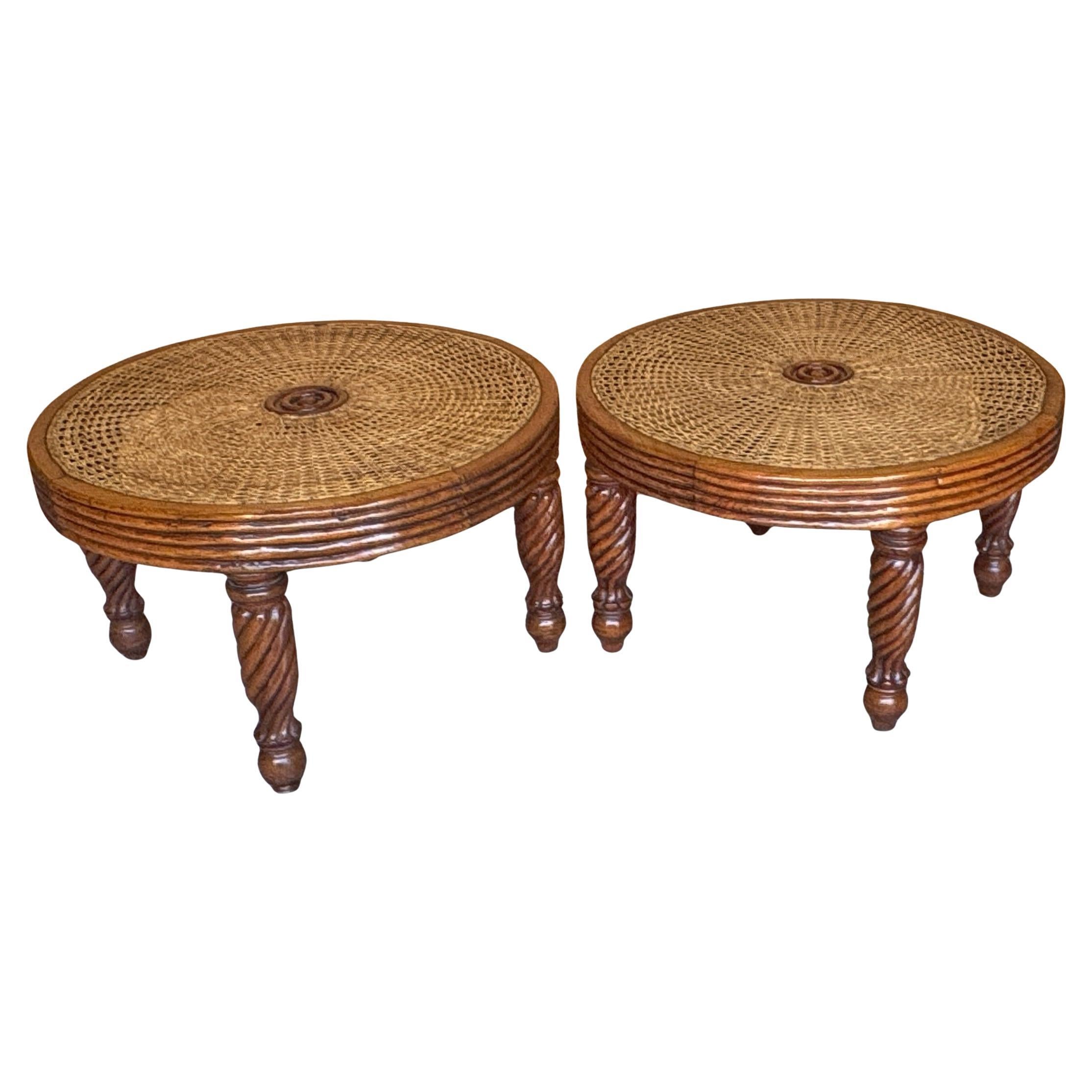 Pair Anglo-Indian / Tradewinds-Style Carved Hardwood & Cane Low Tables / Benches For Sale