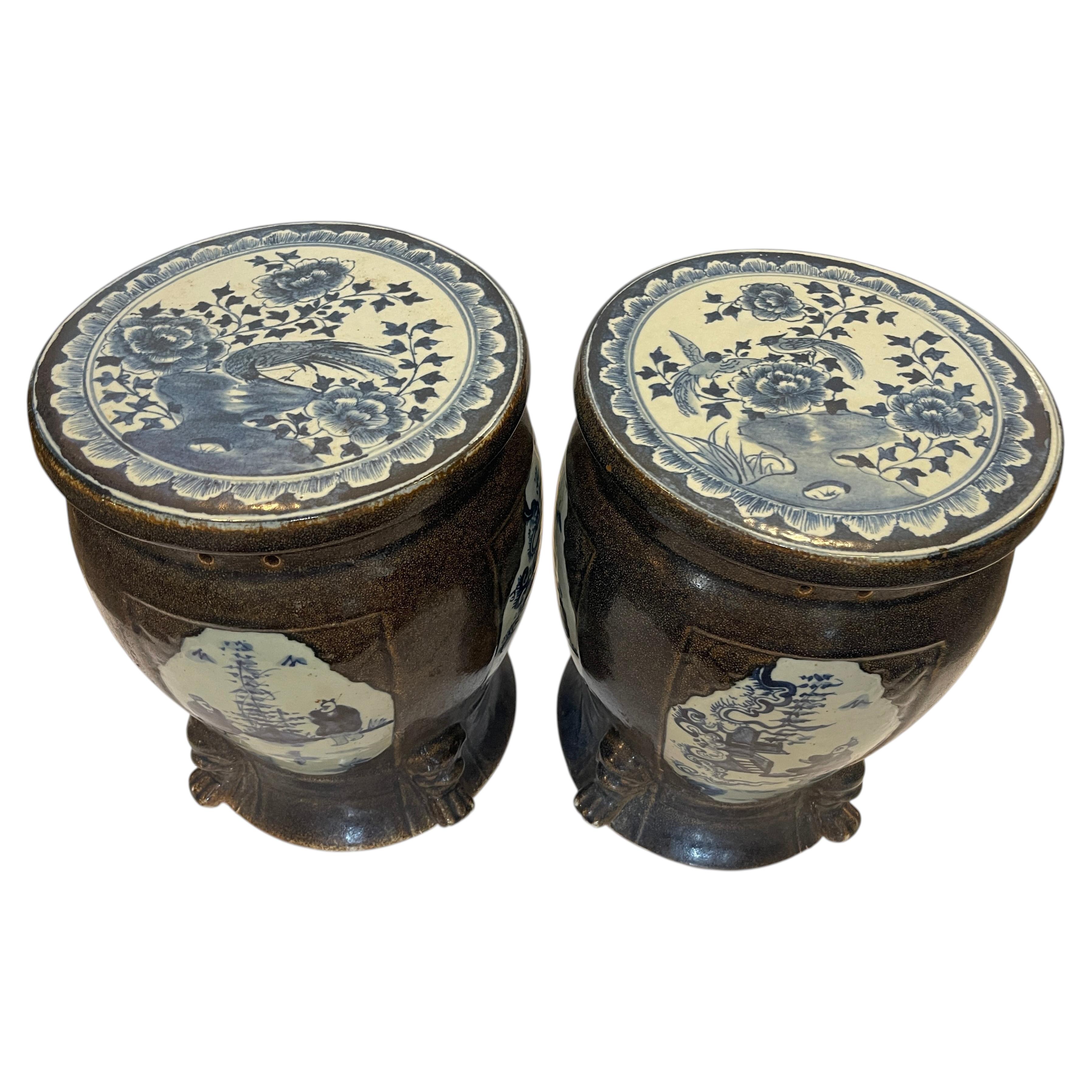 Pair AnSmall Brown Glaze and Blue & White Garden Seats For Sale