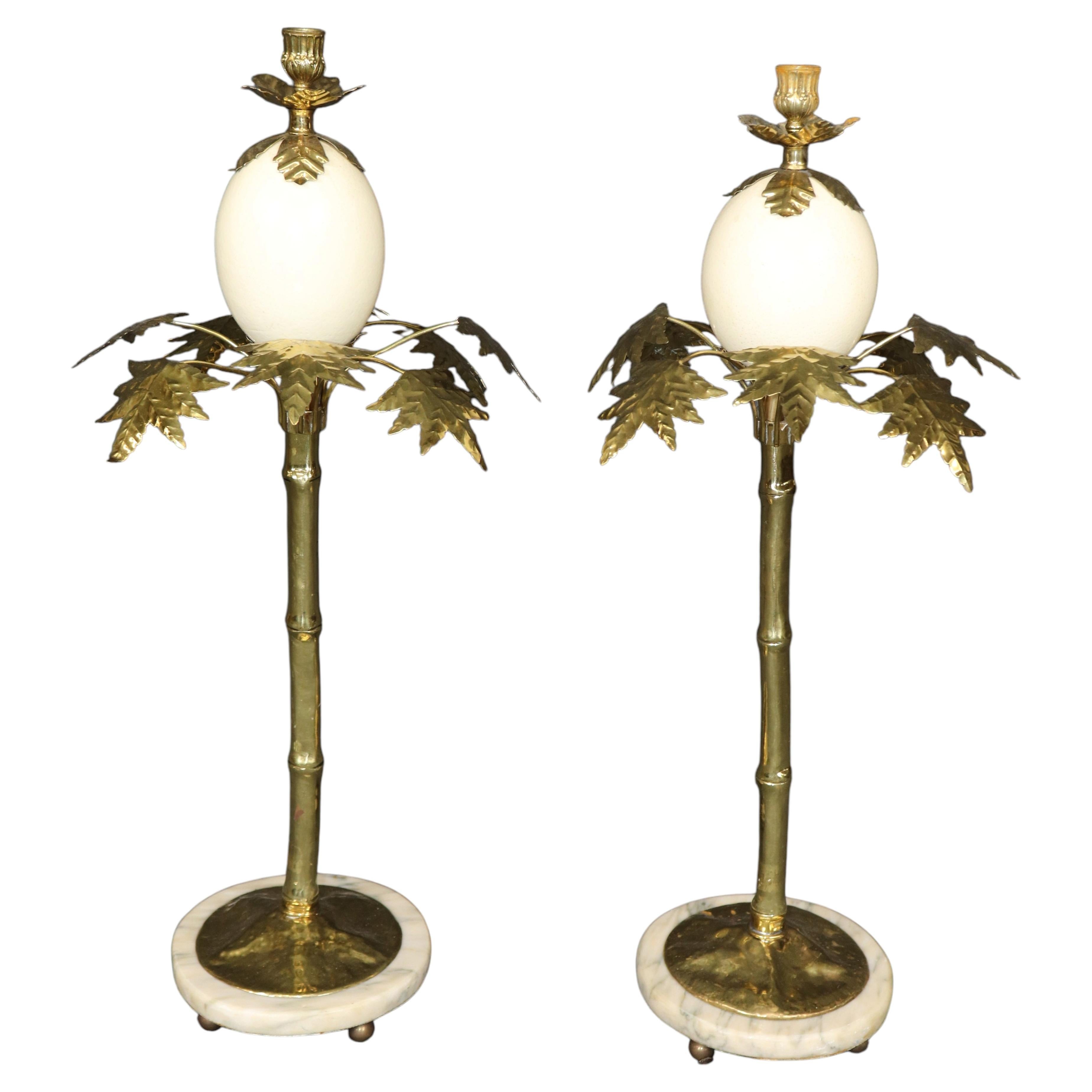 Pair Anthony Redmile Attributed Brass and Ostrich Egg Candle Sticks For Sale