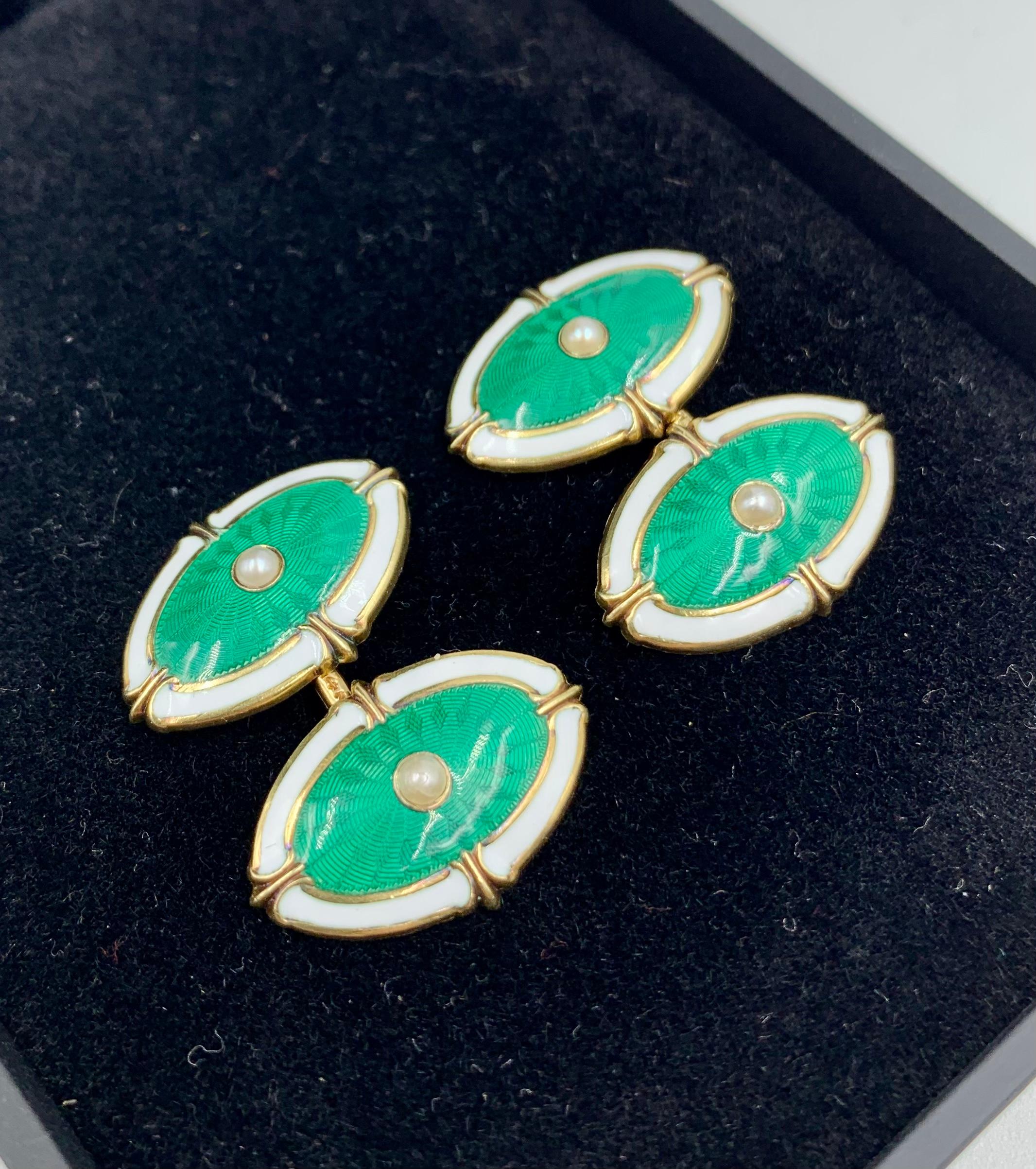 Pair Antique 14K Gold Green Guilloche Enamel, Pearl, White Enamel Eye Cufflinks For Sale 3