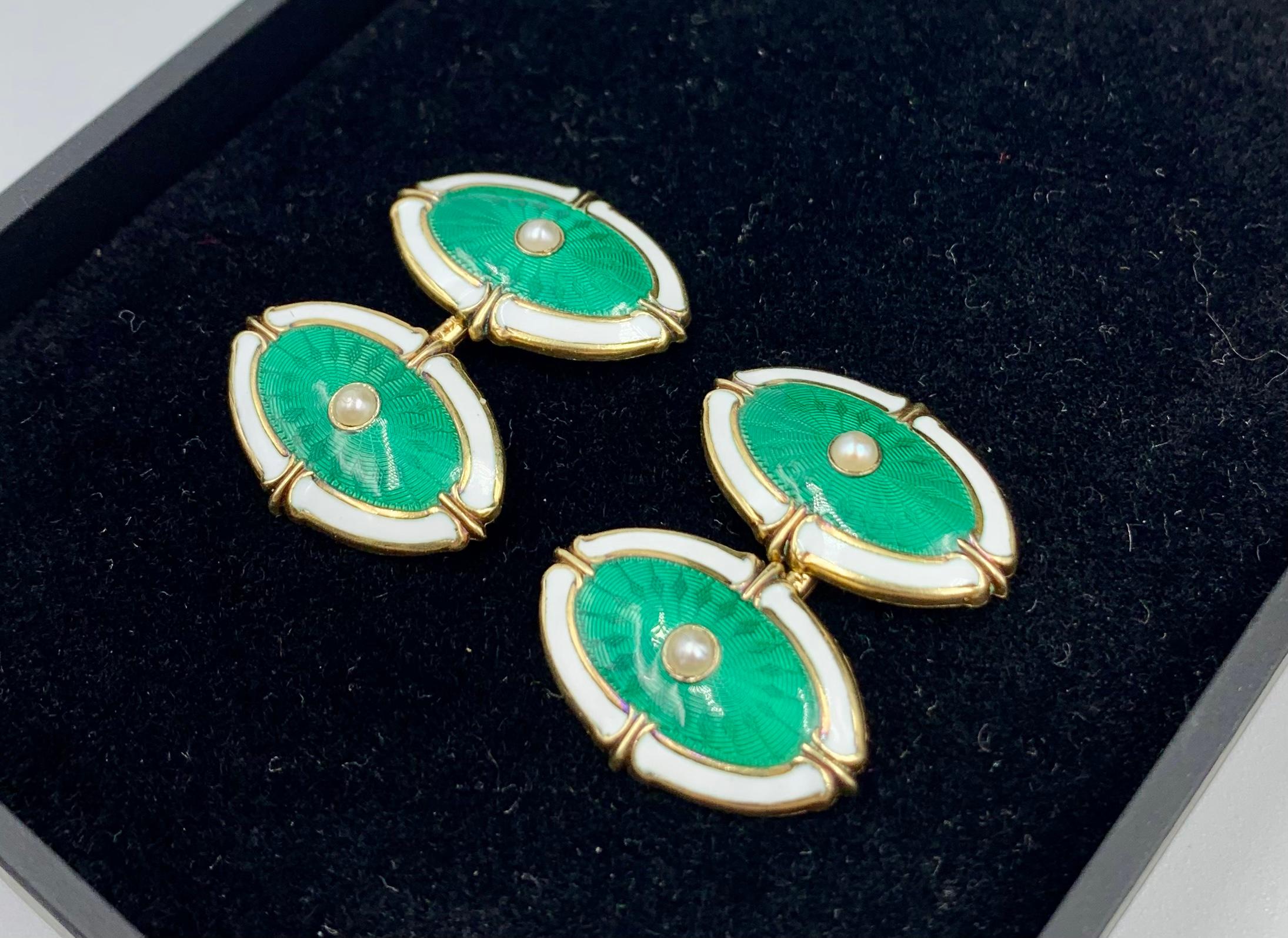 Pair Antique 14K Gold Green Guilloche Enamel, Pearl, White Enamel Eye Cufflinks For Sale 4