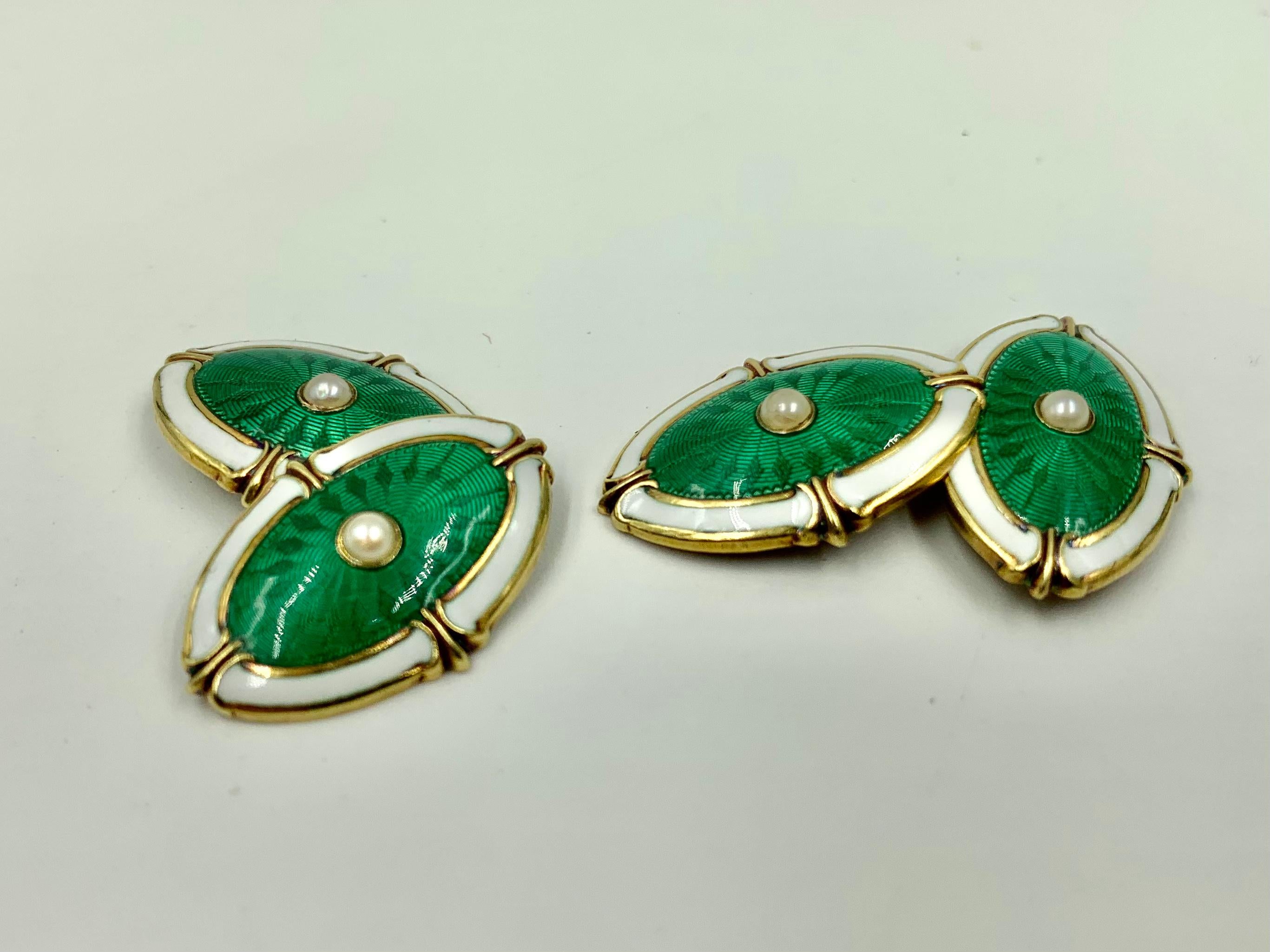 Edwardian Pair Antique 14K Gold Green Guilloche Enamel, Pearl, White Enamel Eye Cufflinks For Sale