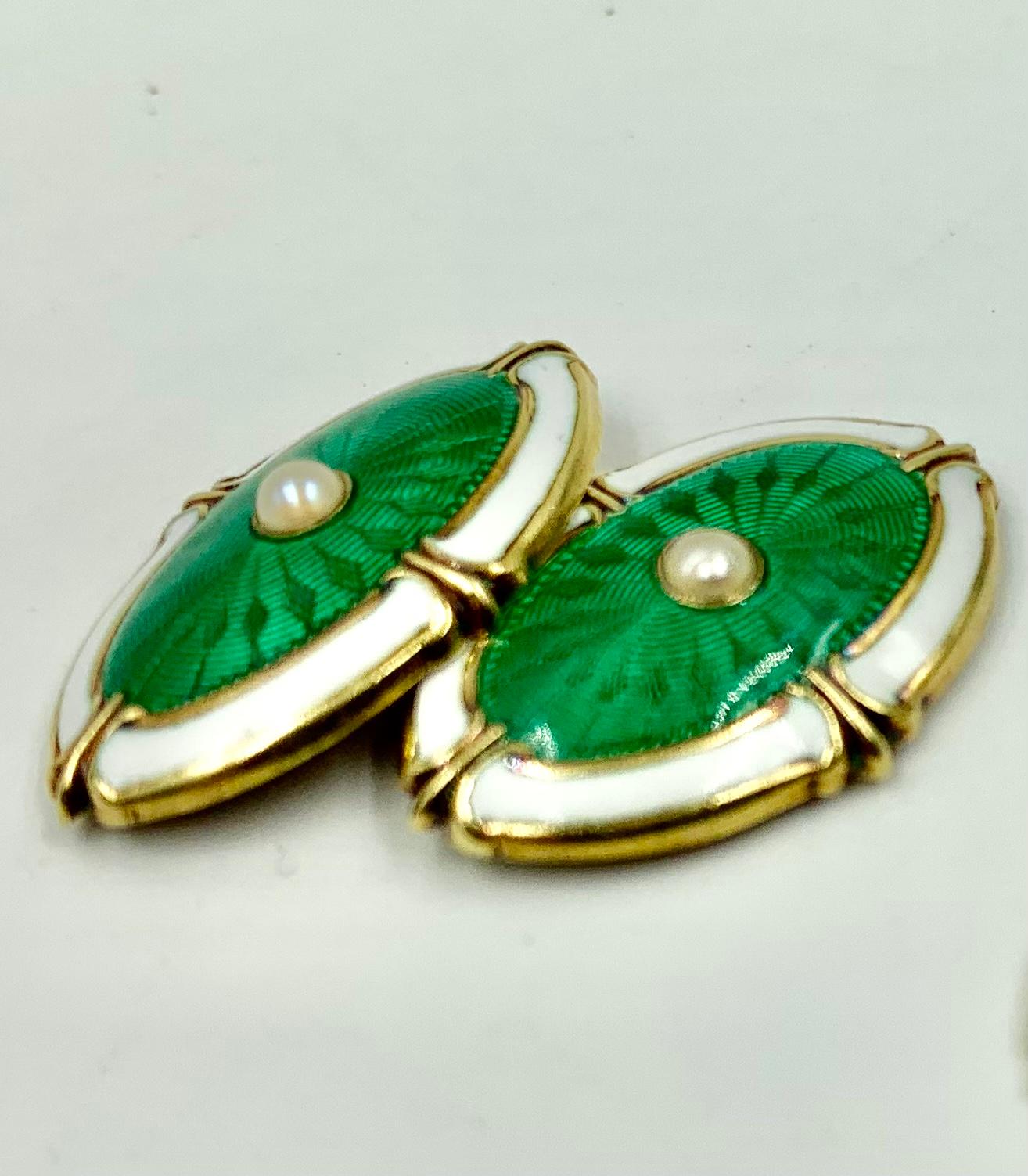 Uncut Pair Antique 14K Gold Green Guilloche Enamel, Pearl, White Enamel Eye Cufflinks For Sale