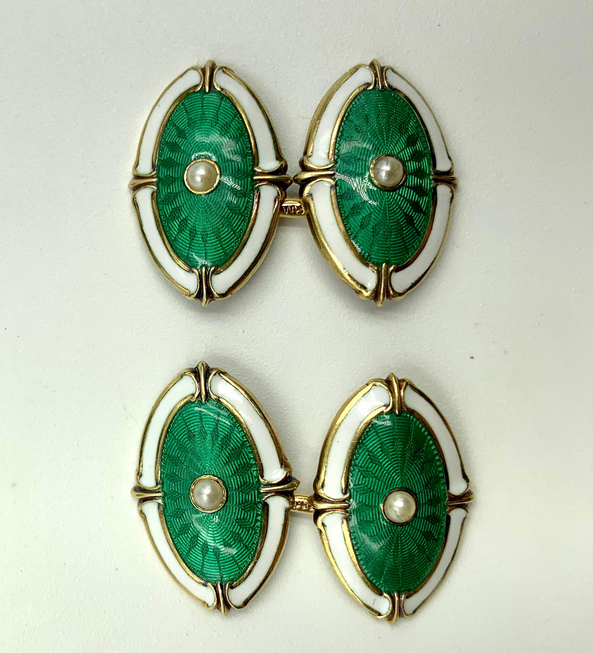 Pair Antique 14K Gold Green Guilloche Enamel, Pearl, White Enamel Eye Cufflinks For Sale 1
