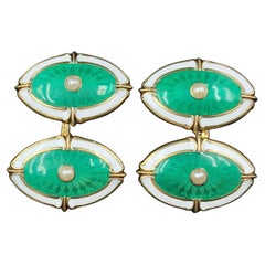 Pair Antique 14K Gold Green Guilloche Enamel, Pearl, White Enamel Eye Cufflinks