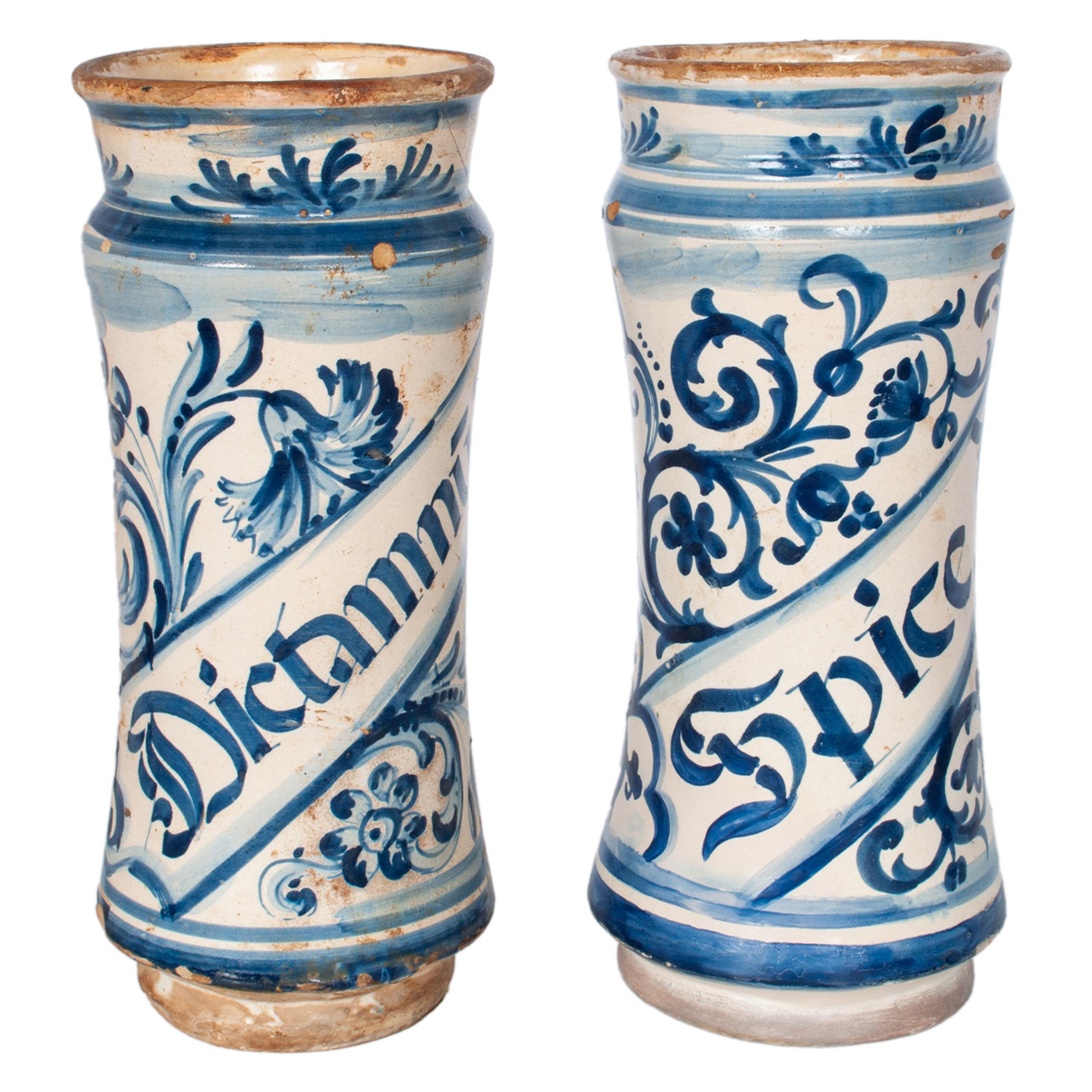 Pair Antique 17th Century Spanish Blue & White Pottery Albarelli Drug Jars 1680 For Sale 4