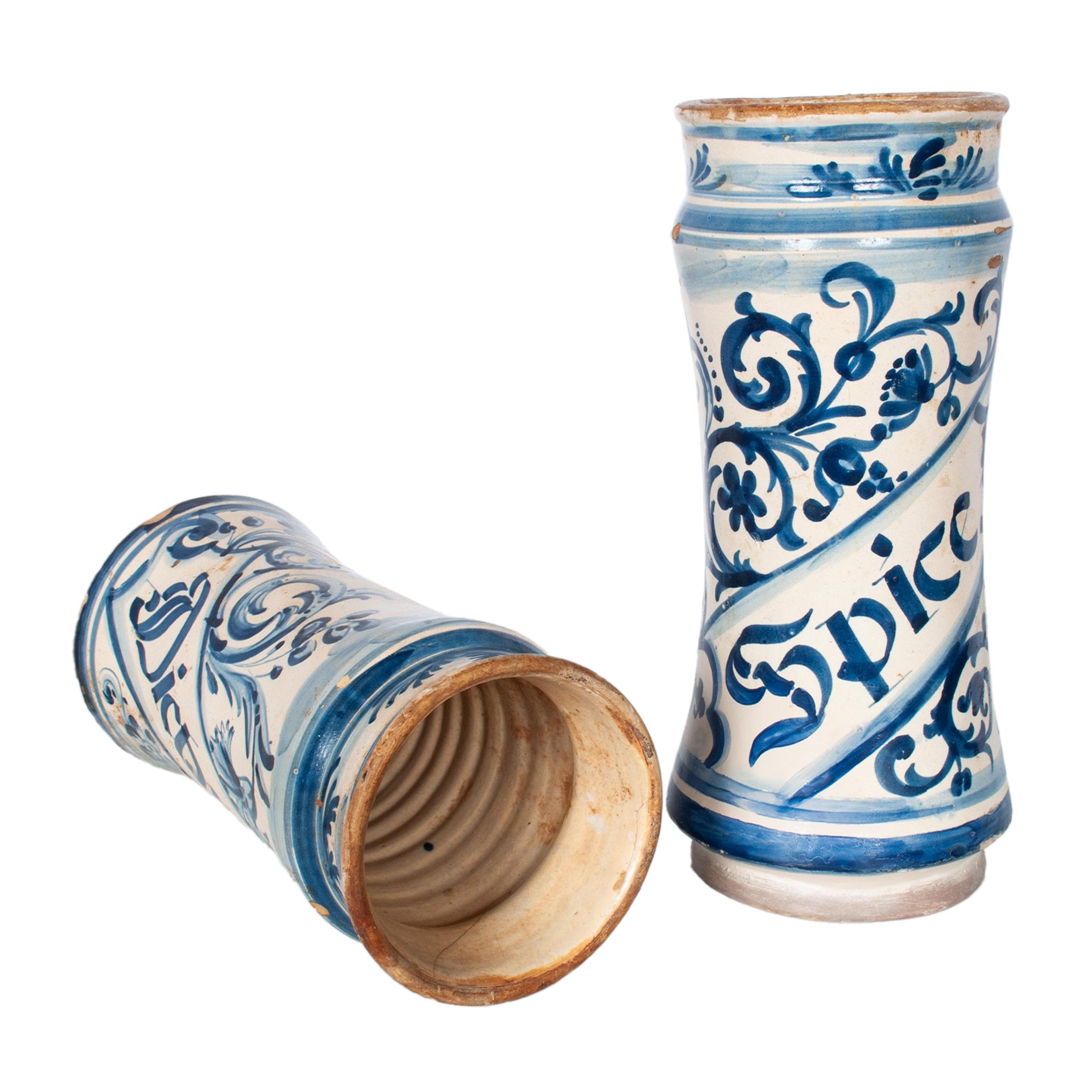Pair Antique 17th Century Spanish Blue & White Pottery Albarelli Drug Jars 1680 For Sale 6
