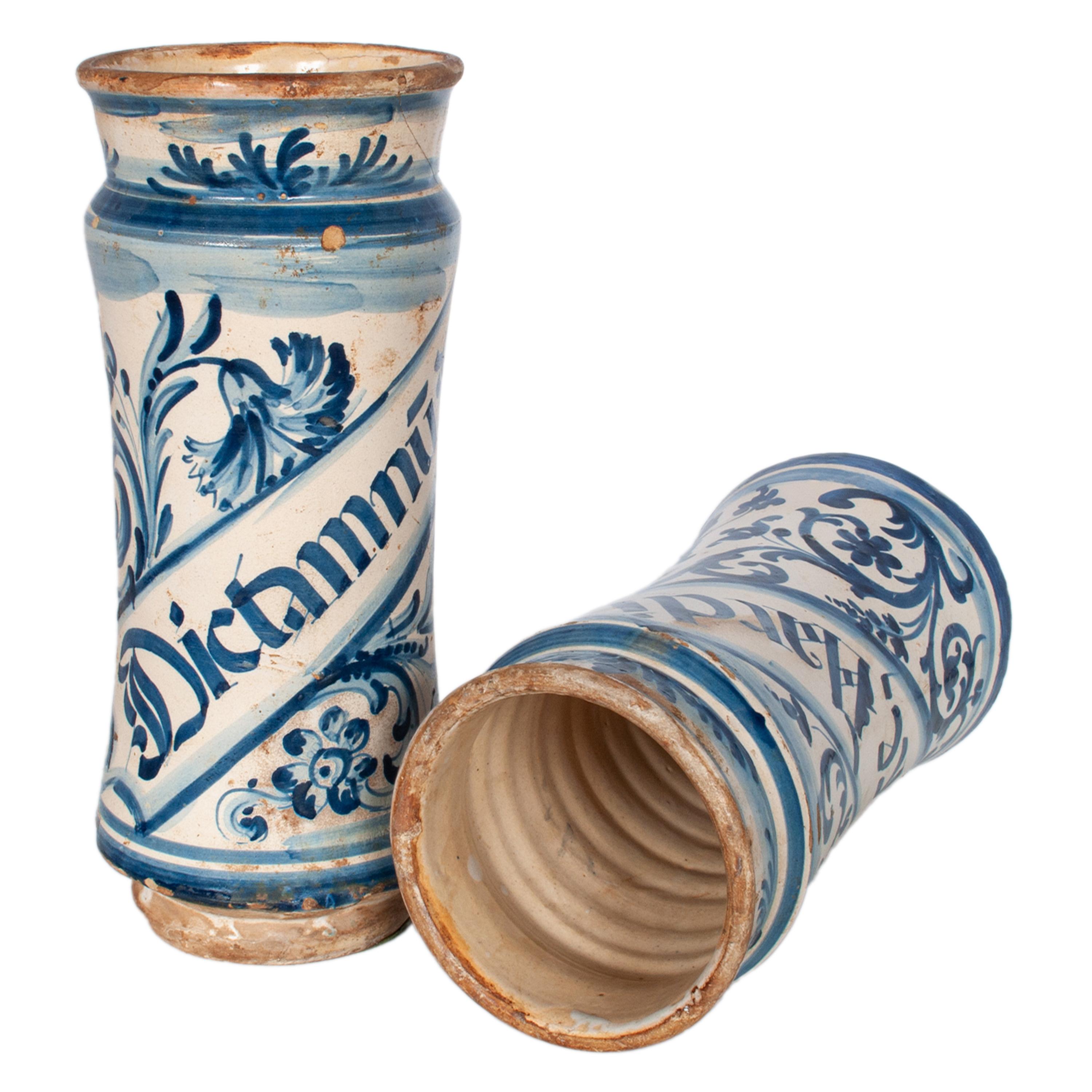 Pair Antique 17th Century Spanish Blue & White Pottery Albarelli Drug Jars 1680 For Sale 7