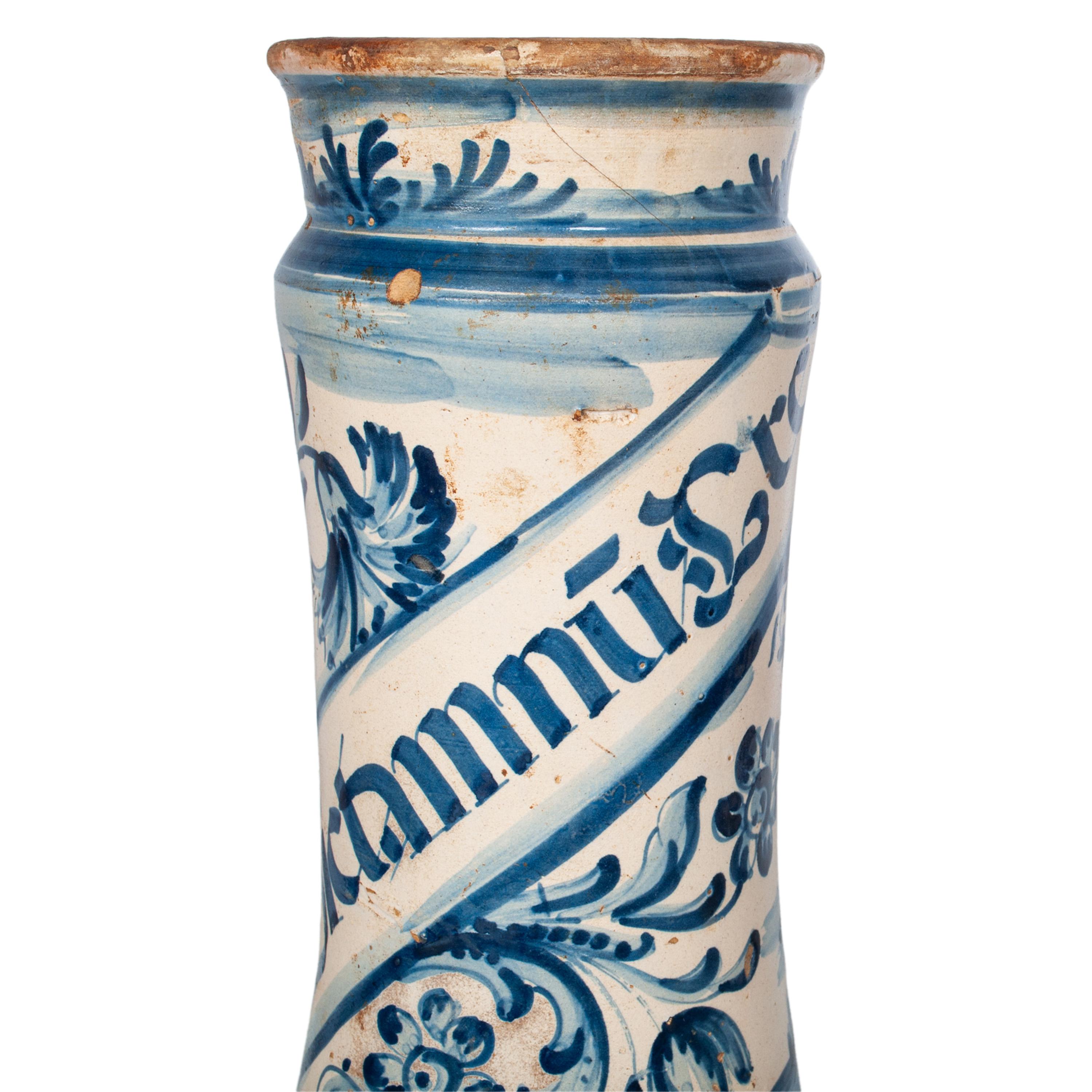 Pair Antique 17th Century Spanish Blue & White Pottery Albarelli Drug Jars 1680 For Sale 8