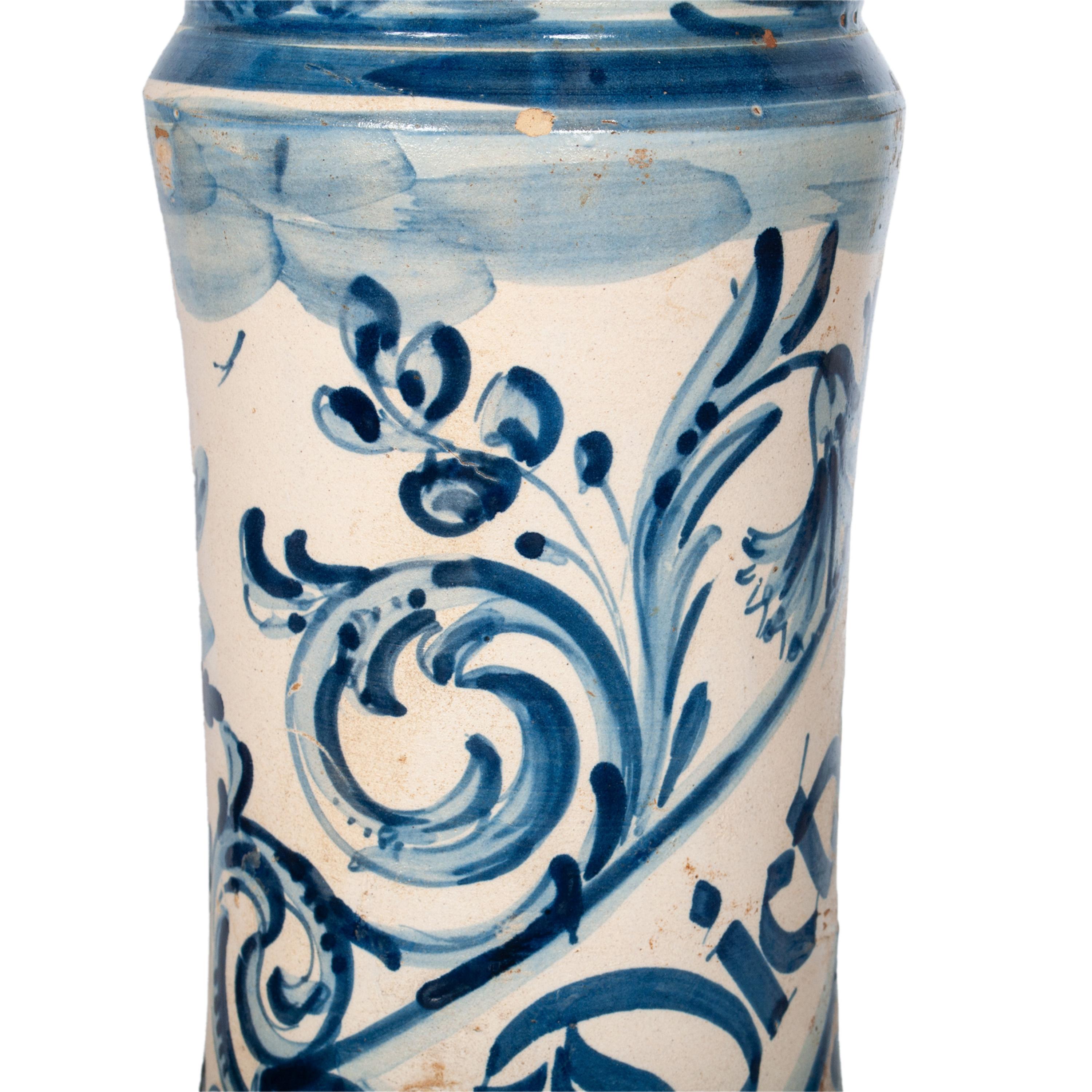 Pair Antique 17th Century Spanish Blue & White Pottery Albarelli Drug Jars 1680 For Sale 9