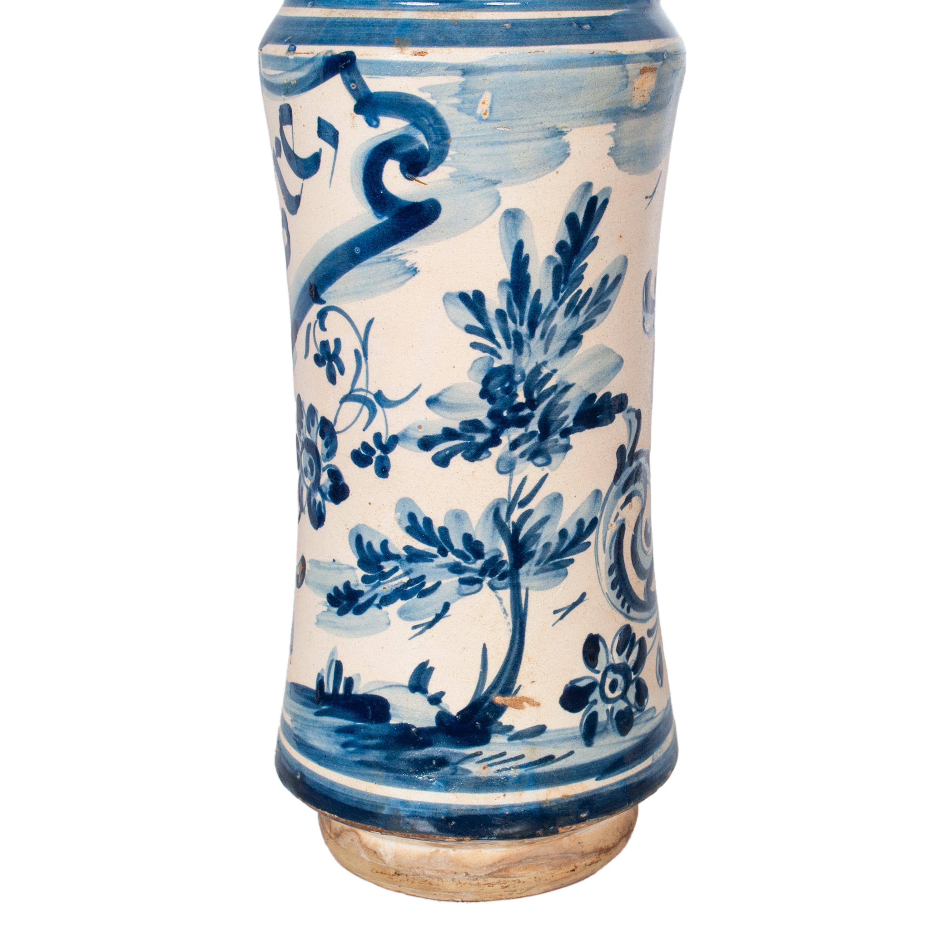 Pair Antique 17th Century Spanish Blue & White Pottery Albarelli Drug Jars 1680 For Sale 10