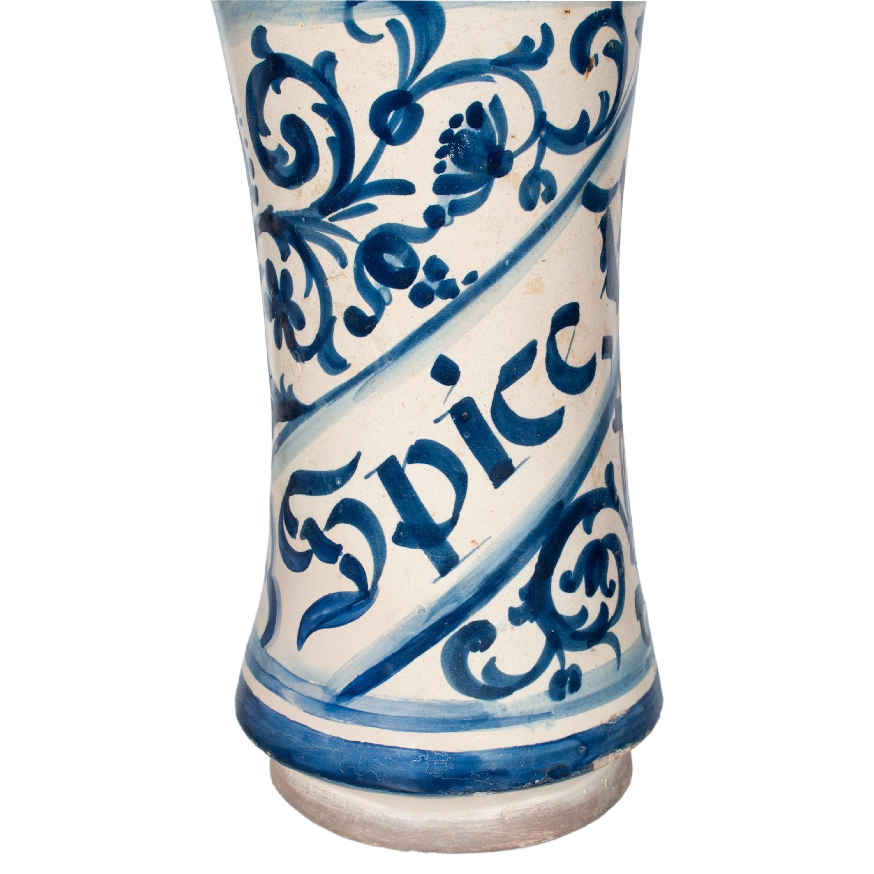 Pair Antique 17th Century Spanish Blue & White Pottery Albarelli Drug Jars 1680 For Sale 11