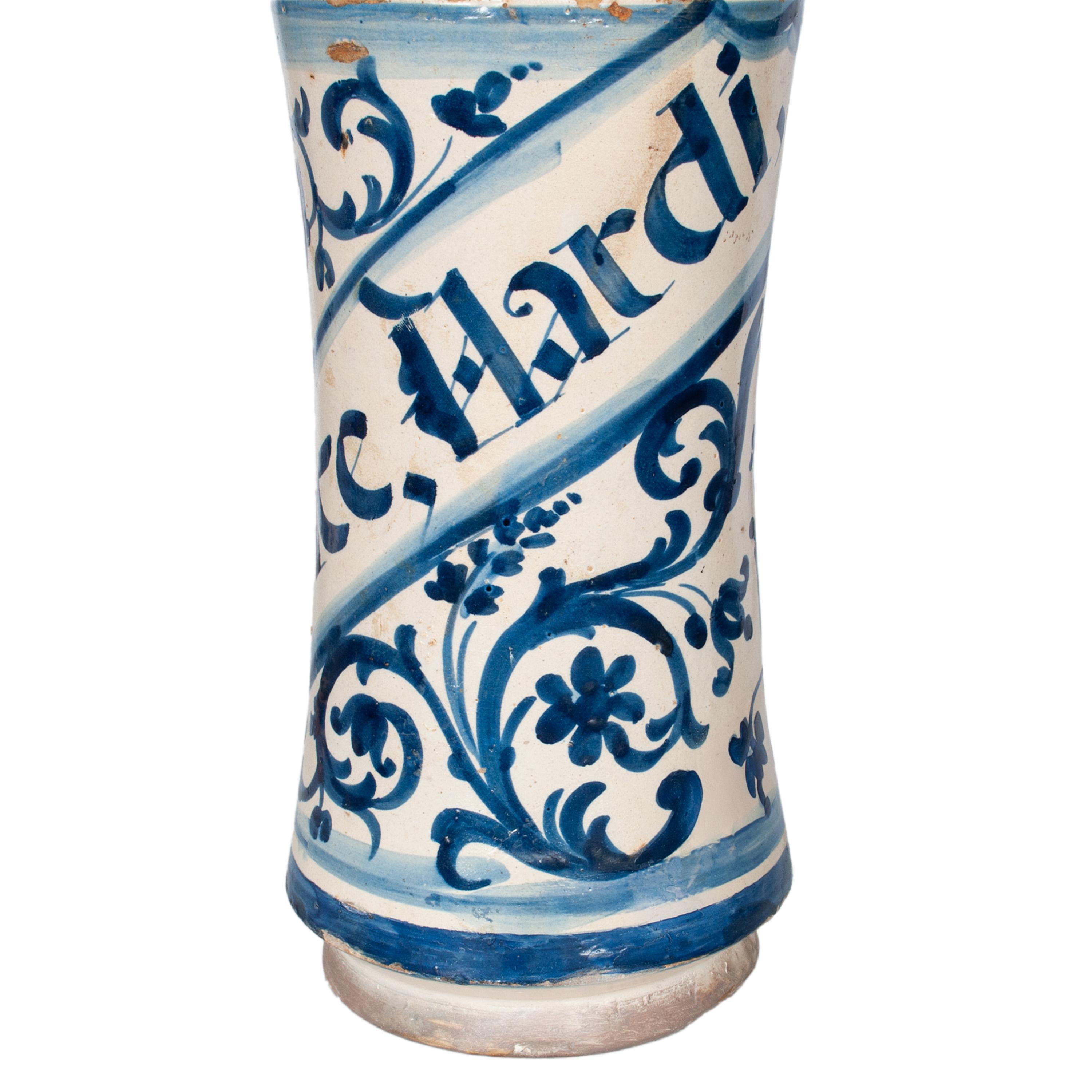 Pair Antique 17th Century Spanish Blue & White Pottery Albarelli Drug Jars 1680 For Sale 12
